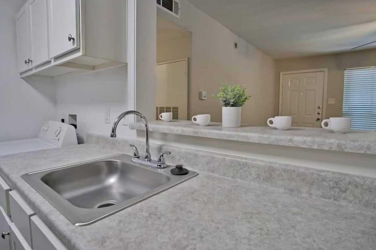 A modern kitchen sink and countertop area with a small potted plant and several coffee cups arranged neatly. The background features a doorway and light coming from a nearby window, creating a bright and inviting atmosphere.
