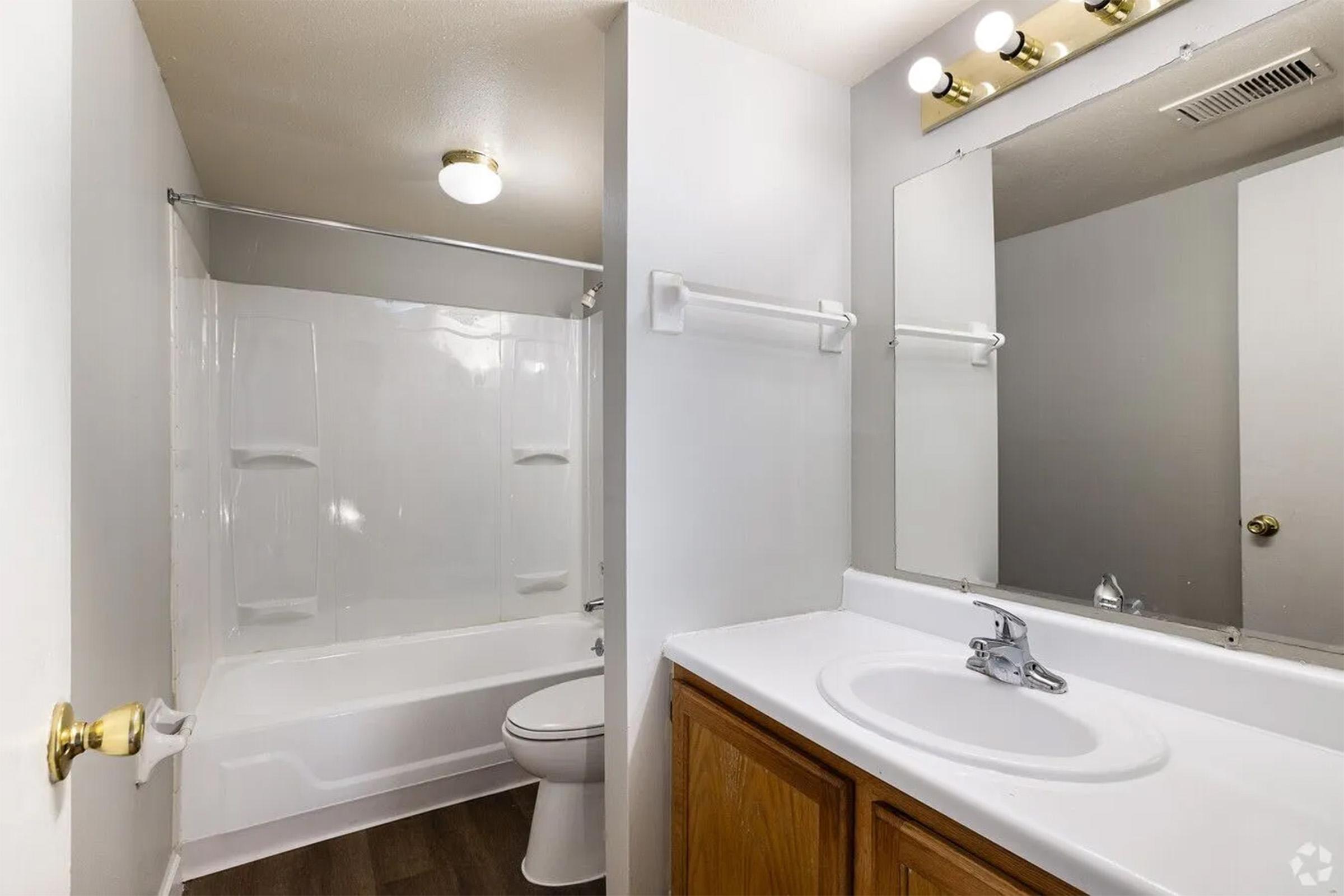 A clean and bright bathroom featuring a white bathtub with a shower, a toilet, and a single sink vanity with a mirror above. The walls are painted light gray, and there is a small light fixture with multiple bulbs. The flooring appears to be a dark wood laminate.