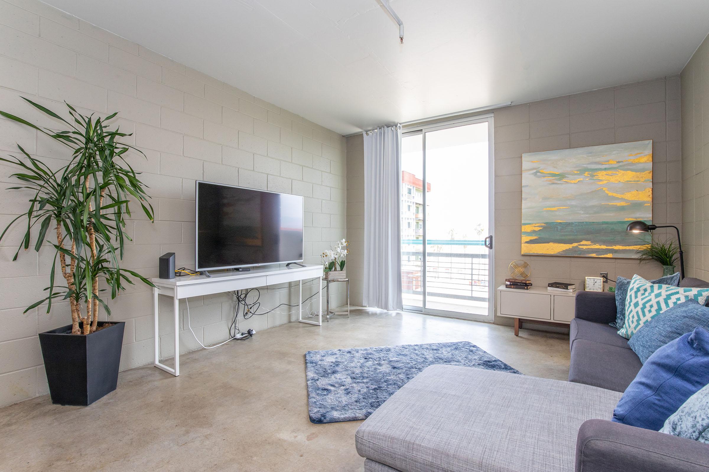A modern living room featuring a large flat-screen TV on a white stand, a gray couch with vibrant blue cushions, a potted plant in the corner, and a large abstract painting on the wall. Natural light fills the space from a glass door leading to a balcony. The floor is polished concrete.
