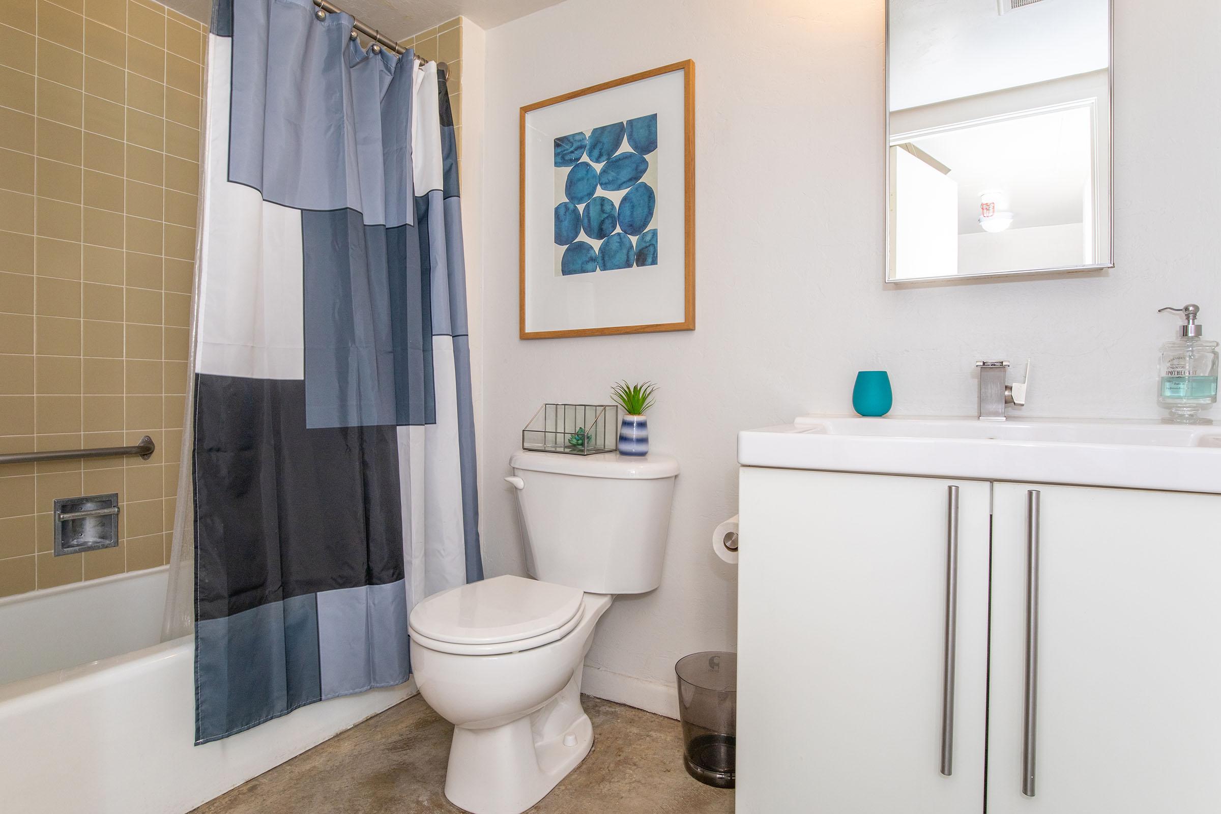 A modern bathroom featuring a shower with a blue and gray curtain, a white toilet, and a sleek white vanity. There's a small mirror above the sink, a decorative plant, and a light blue soap dispenser. A framed blue artwork is on the wall, and the floor is concrete.