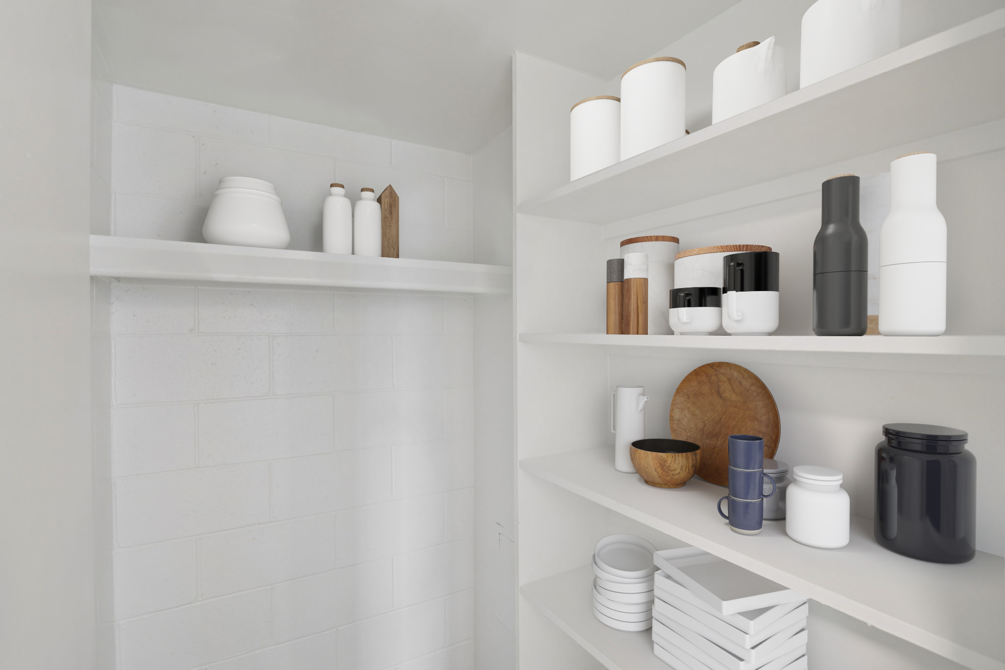 A minimalist pantry or shelf displaying a variety of kitchen items, including white ceramic and glass containers, wooden bowls, and black and white mugs. The shelves are neatly organized, featuring a clean, modern aesthetic with a focus on simplicity and functionality.