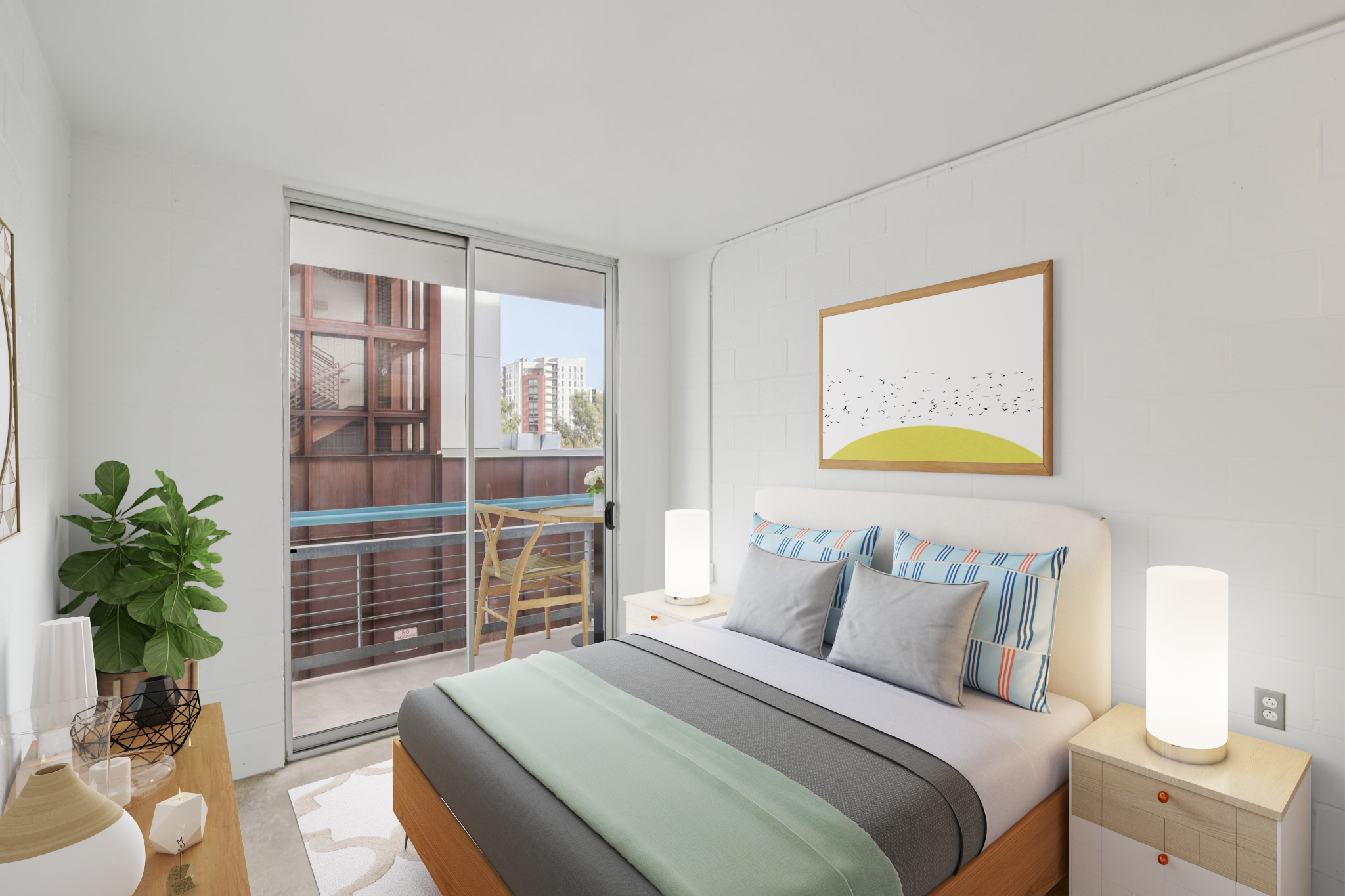 A bright and modern bedroom featuring a queen-sized bed with striped pillows and a green blanket. There are bedside tables with lamps, a colorful abstract artwork on the wall, and a potted plant. The room has large windows that open to a balcony, allowing natural light to fill the space.
