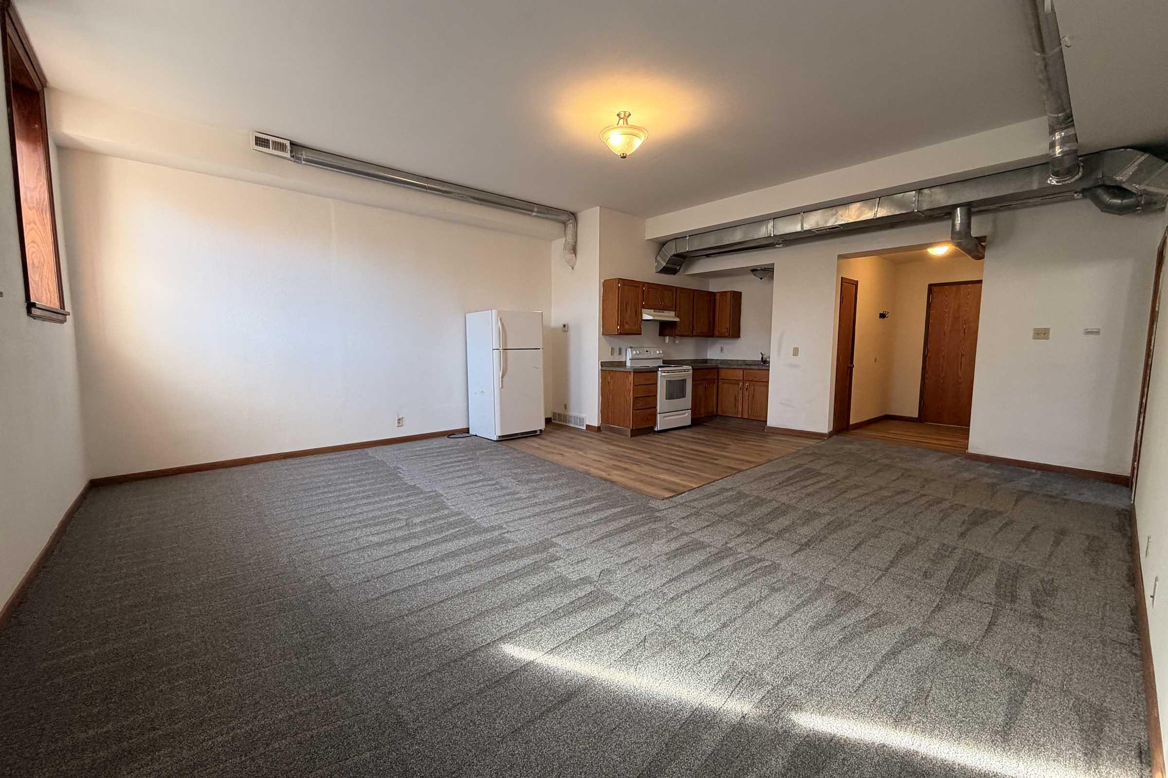 A spacious, unfurnished room featuring a kitchen area with wooden cabinets, a refrigerator, and an electric stove. The living space has light-colored walls, a ceiling light fixture, and a large window. The flooring transitions from carpet to vinyl in the kitchen area, creating a distinct separation of spaces.