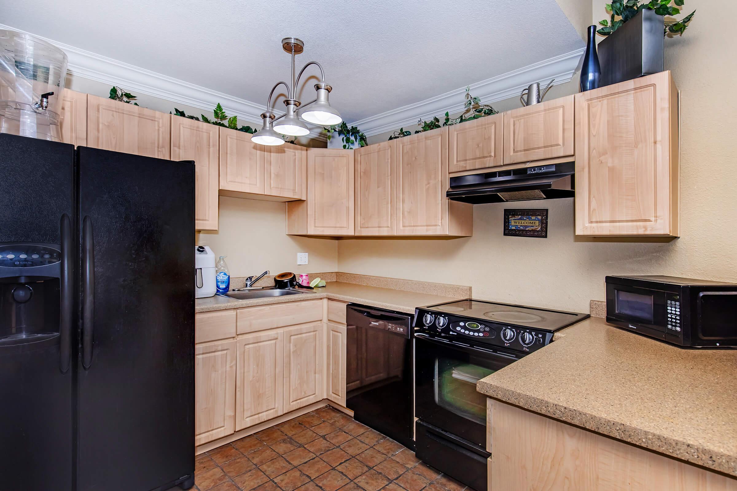 A modern kitchen featuring light wooden cabinetry, a black refrigerator, a gas stove with an oven, a microwave on the counter, and decorative plants. There is a tile floor and overhead lighting, creating a warm and inviting atmosphere.
