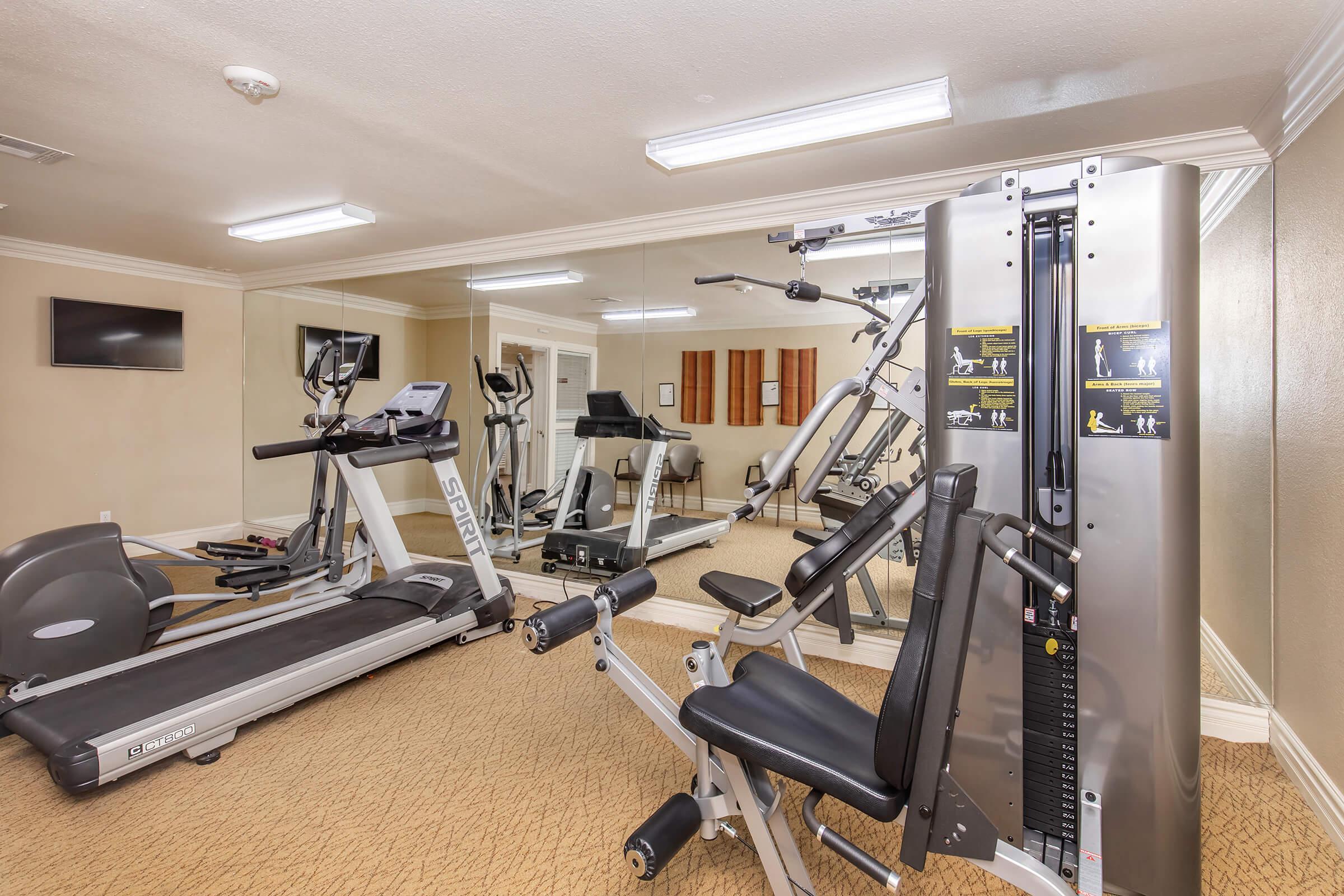 A modern fitness center featuring cardio machines like treadmills and exercise bikes, along with strength training equipment, including a cable machine. The space is well-lit, with mirrors on one wall, and has a clean, inviting atmosphere for workouts.
