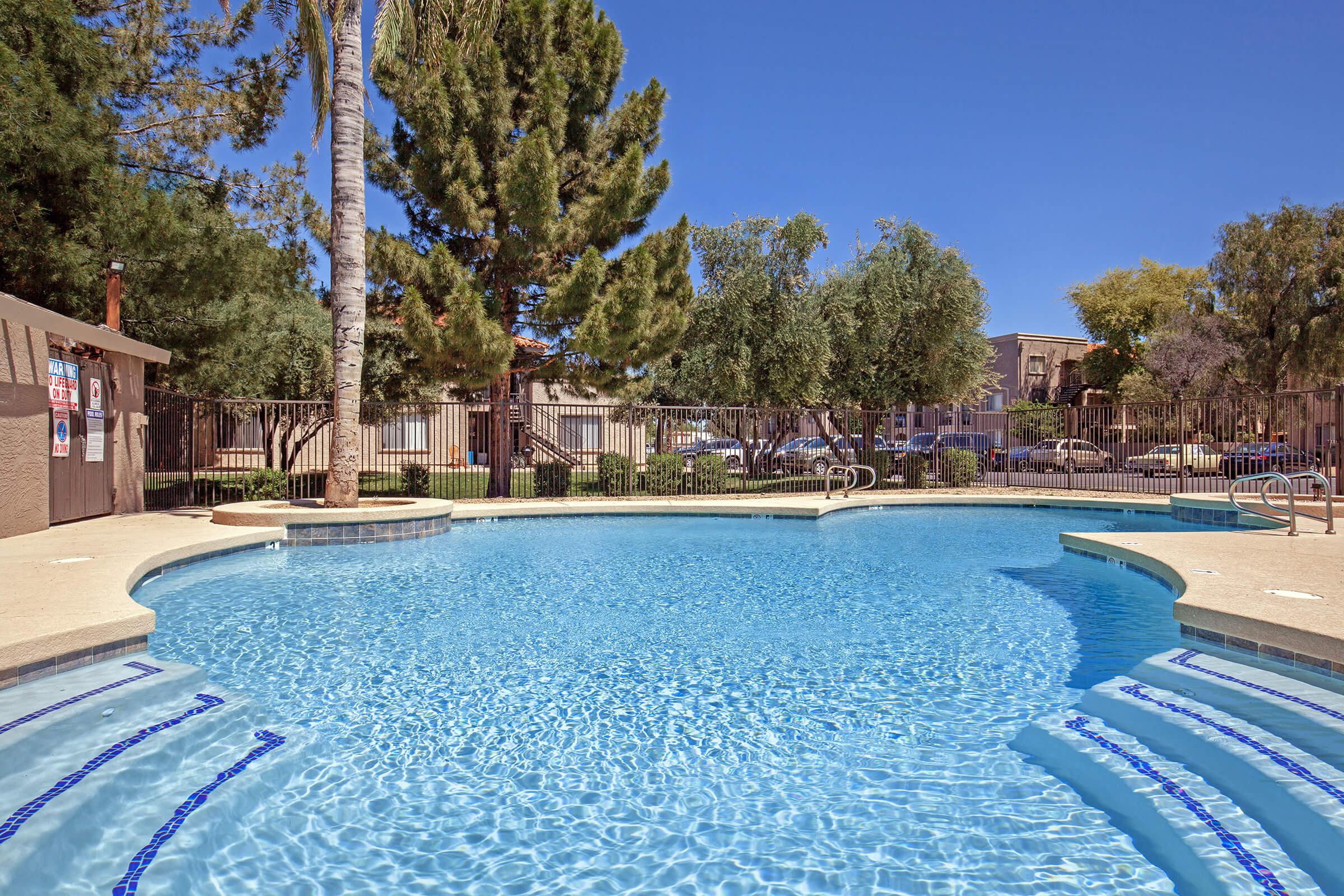 A sparkling blue swimming pool surrounded by palm trees and greenery. The pool features gentle curves and steps leading into the water, with a clear blue sky in the background. A fence can be seen in the distance, along with a few cars parked near the edge of the property.