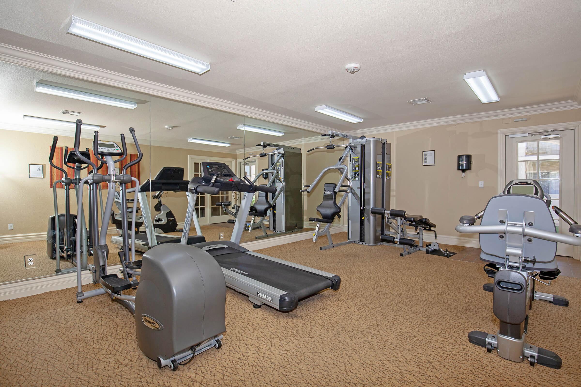 A well-equipped gym featuring exercise machines including a treadmill, elliptical, and weight training equipment. The space has large mirrors on one wall, offering a bright and inviting atmosphere with neutral-colored walls and carpeted flooring.