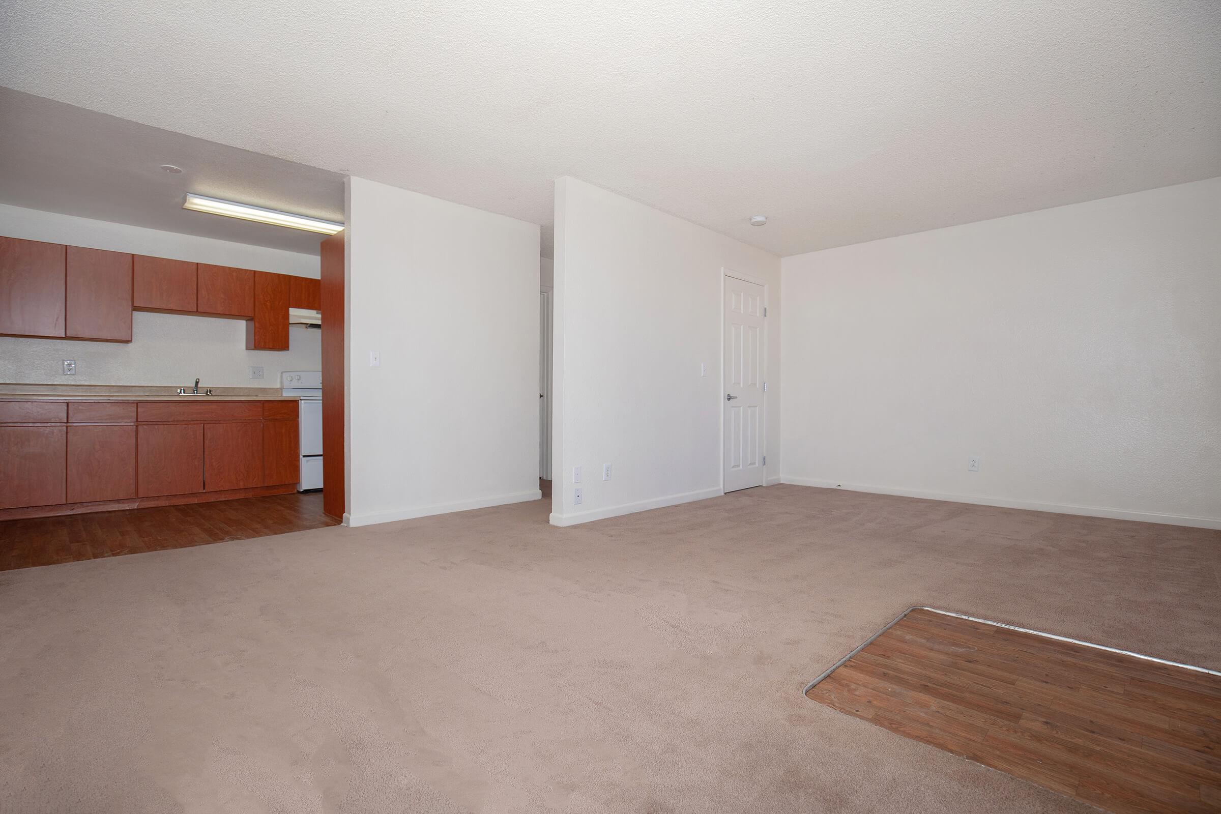 An empty living area with light-colored carpet and white walls. On one side, there is a small kitchen area with wooden cabinets and appliances visible. The space is well-lit, with a ceiling light and a door leading to another room. The overall ambiance is spacious and clean.