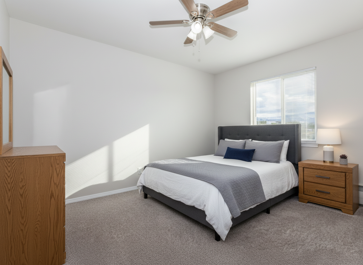 A cozy bedroom featuring a queen-sized bed with a gray and white quilt, a stylish gray headboard, and a navy blue accent pillow. There's a wooden nightstand with a lamp, a dresser on the side, and a large window allowing natural light to fill the room. The walls are painted white, and the carpet is light gray.