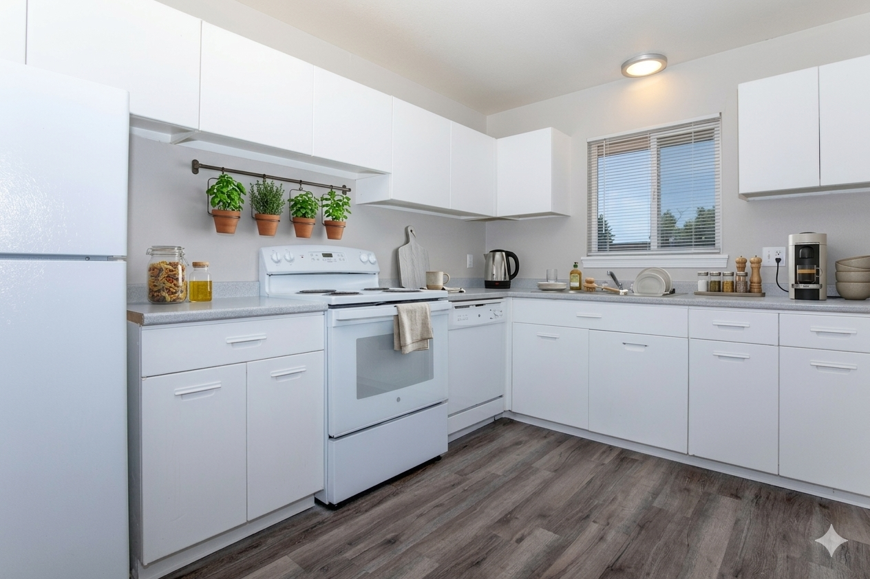 A modern kitchen featuring white cabinetry and a gray countertop. It includes a stove, oven, dishwasher, and various kitchen appliances. Potted herbs are displayed on a shelf, and a window allows natural light to brighten the space, enhancing the clean and organized aesthetic.