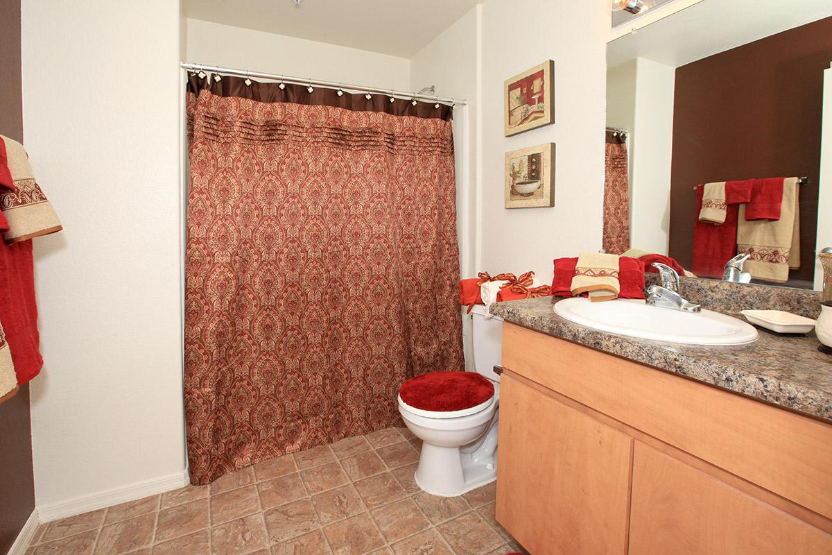 a red and white shower curtain