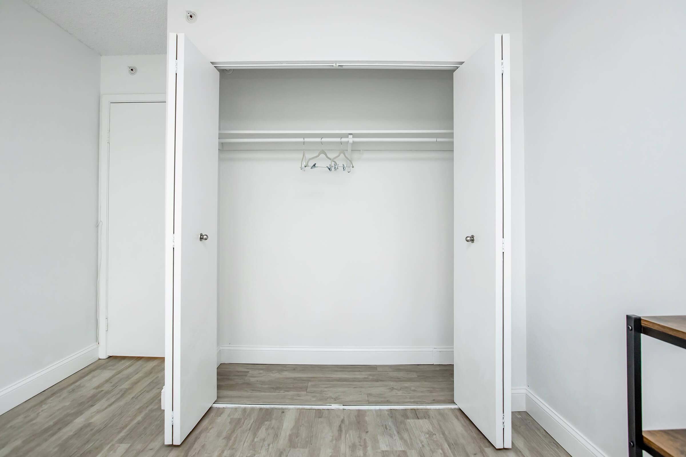 A spacious empty closet with open white double doors. Inside, there is a single hanging bar with a few empty hangers. The walls are painted white, and the floor is a light wood laminate. A door to the left suggests additional storage or entry to another room. The overall look is clean and minimalistic.