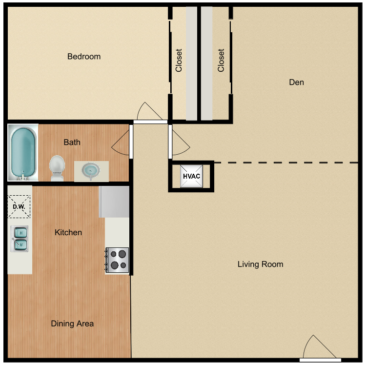 Floor plan image of 1 Bed 1 Bath with Den