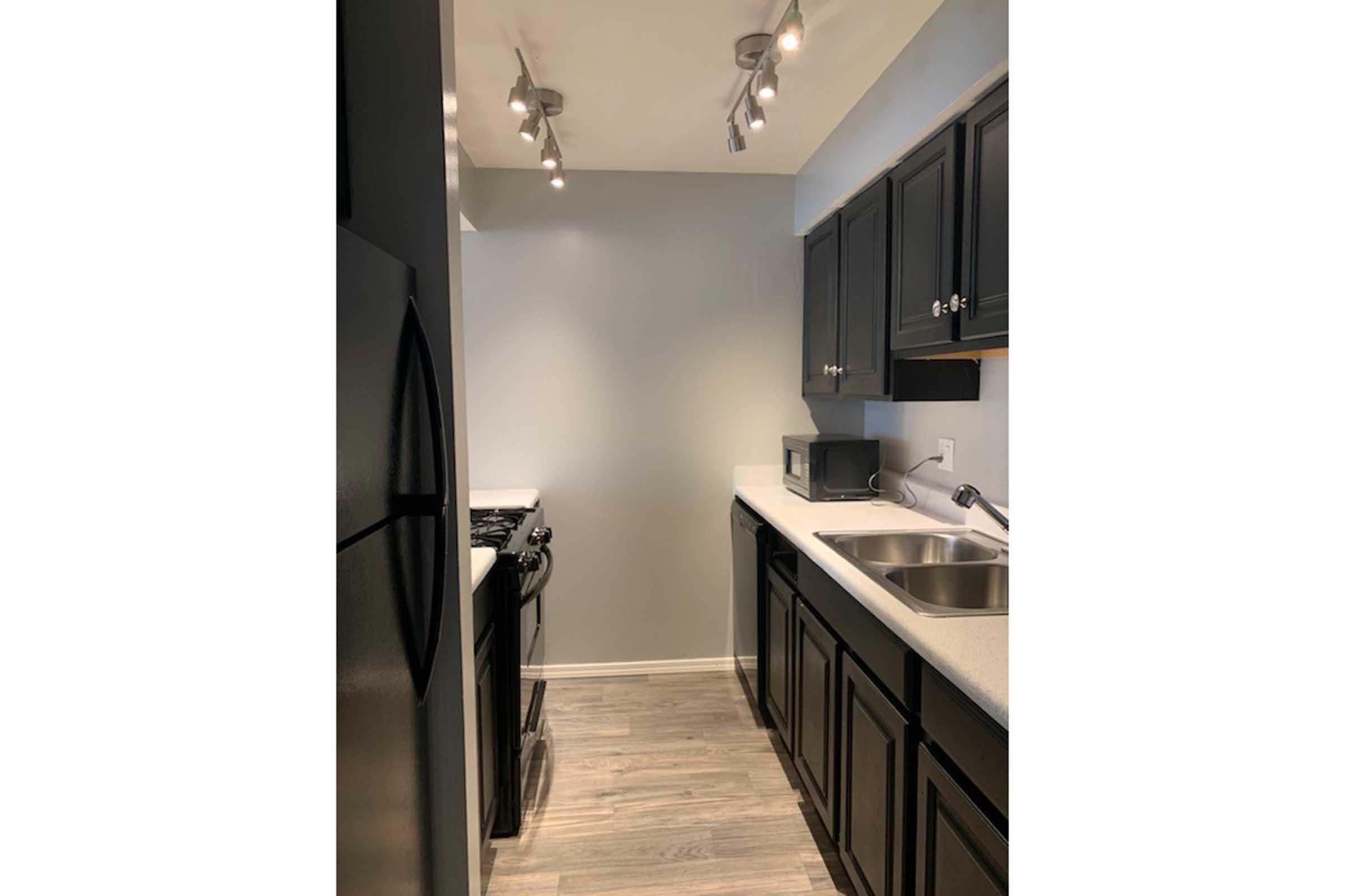 A modern kitchen featuring black cabinetry, stainless steel appliances, and white countertops. The space is lit by recessed lighting, with a microwave and sink visible. The flooring is a light wood laminate, creating a clean and contemporary look.