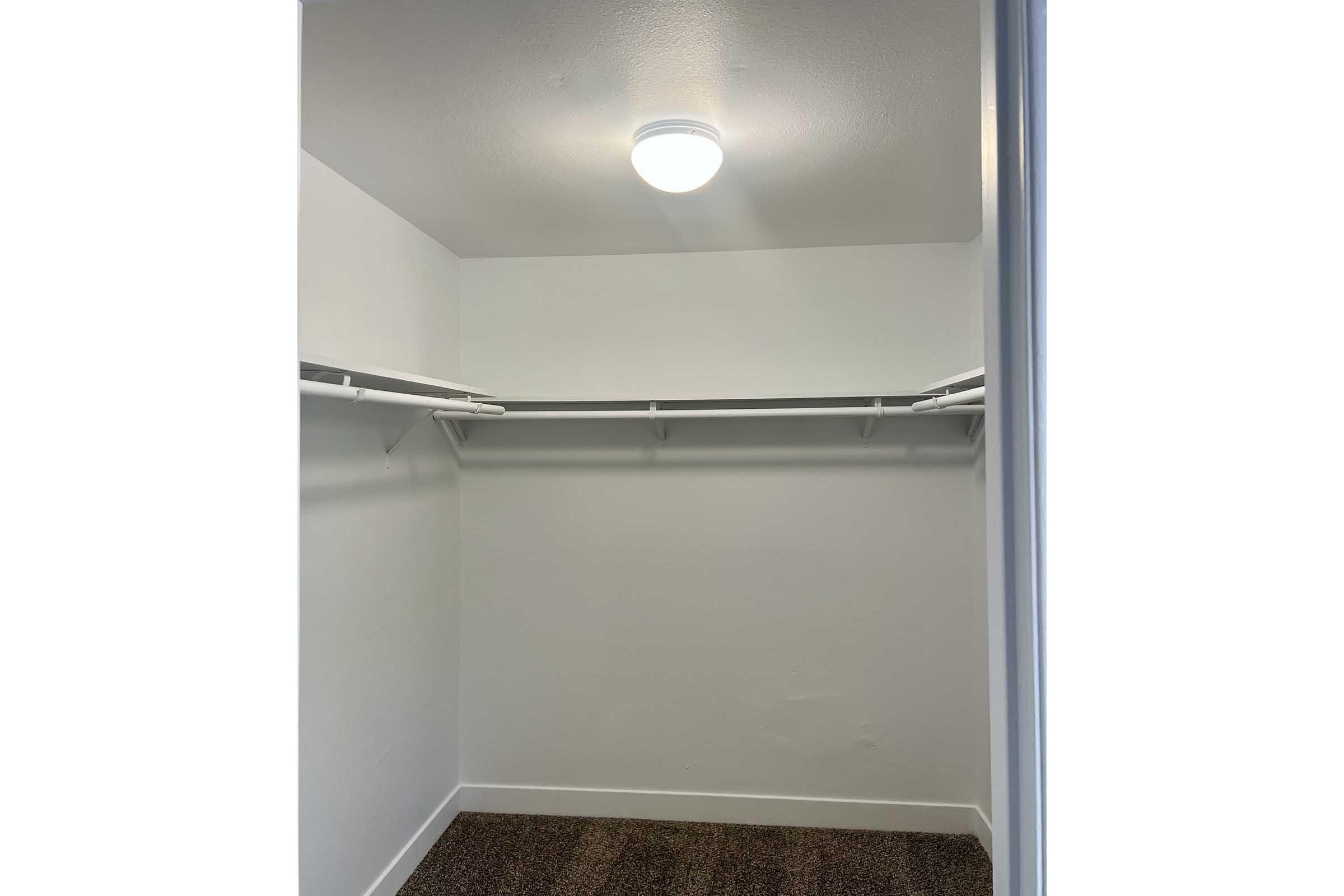 Empty closet with white walls and a light fixture on the ceiling. The closet features two hanging rods for clothes storage and a carpeted floor. The space is well-lit and uncluttered, providing a minimalist appearance.