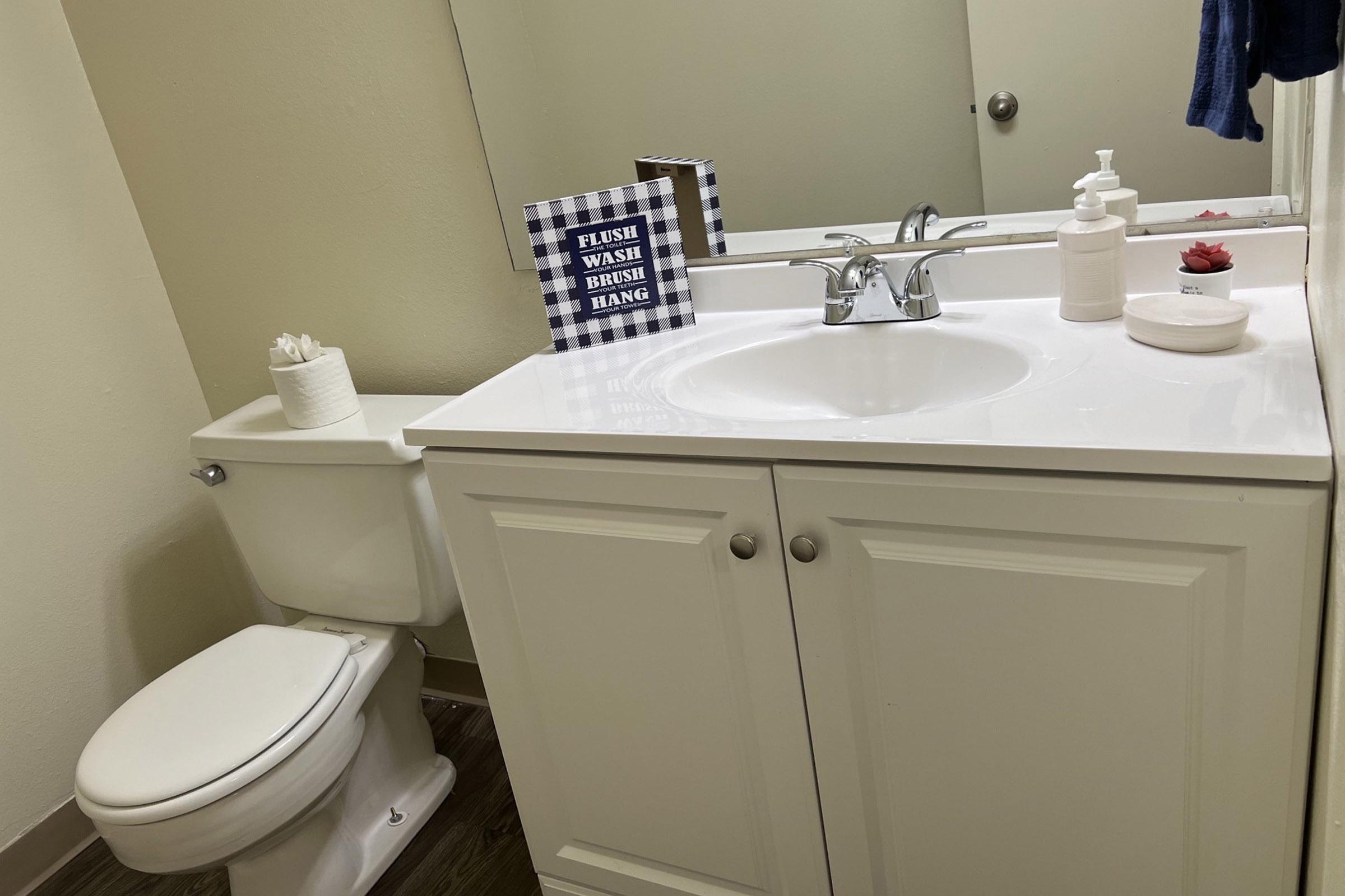 A clean and modern bathroom featuring a white sink with a mirror above, a toilet, and a decorative sign that reads "Flush Wash Brush Hang." There are toiletries on the countertop, including a soap dispenser and a small potted plant, contributing to a tidy, welcoming atmosphere.