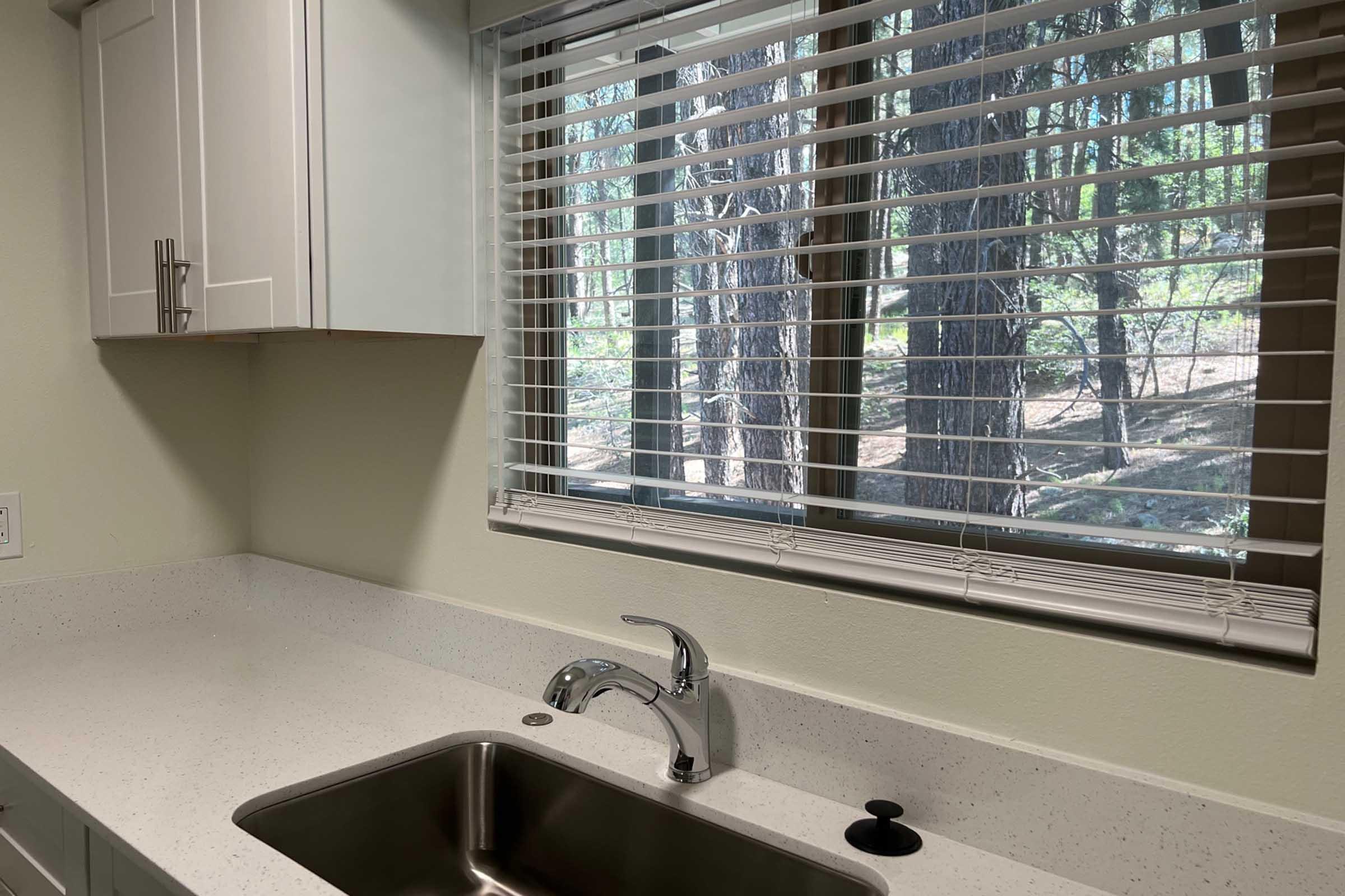 A kitchen sink with a modern faucet situated under a window. The window features white horizontal blinds that are tilted to reveal a forested view outside, with trees and natural light filtering in. The kitchen has light-colored cabinets and a countertop, creating a bright and airy atmosphere.