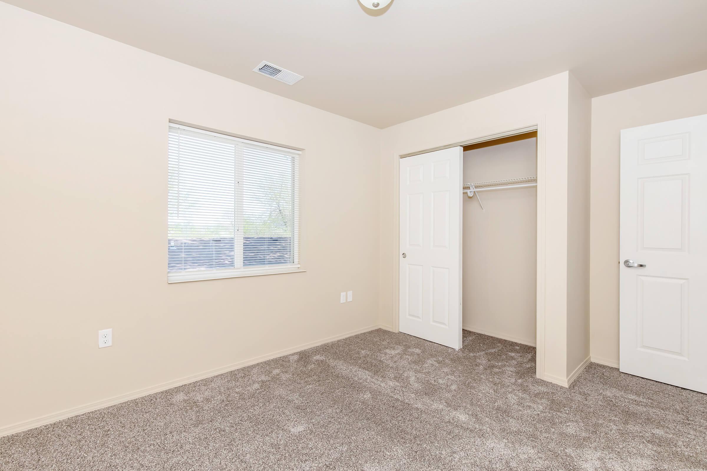 A sparsely furnished room featuring light-colored walls, a large window with blinds, and a beige carpet. There's an open closet with a hanging rod to the right and a closed white door. The room has a neutral aesthetic, providing a blank canvas for personal decoration.