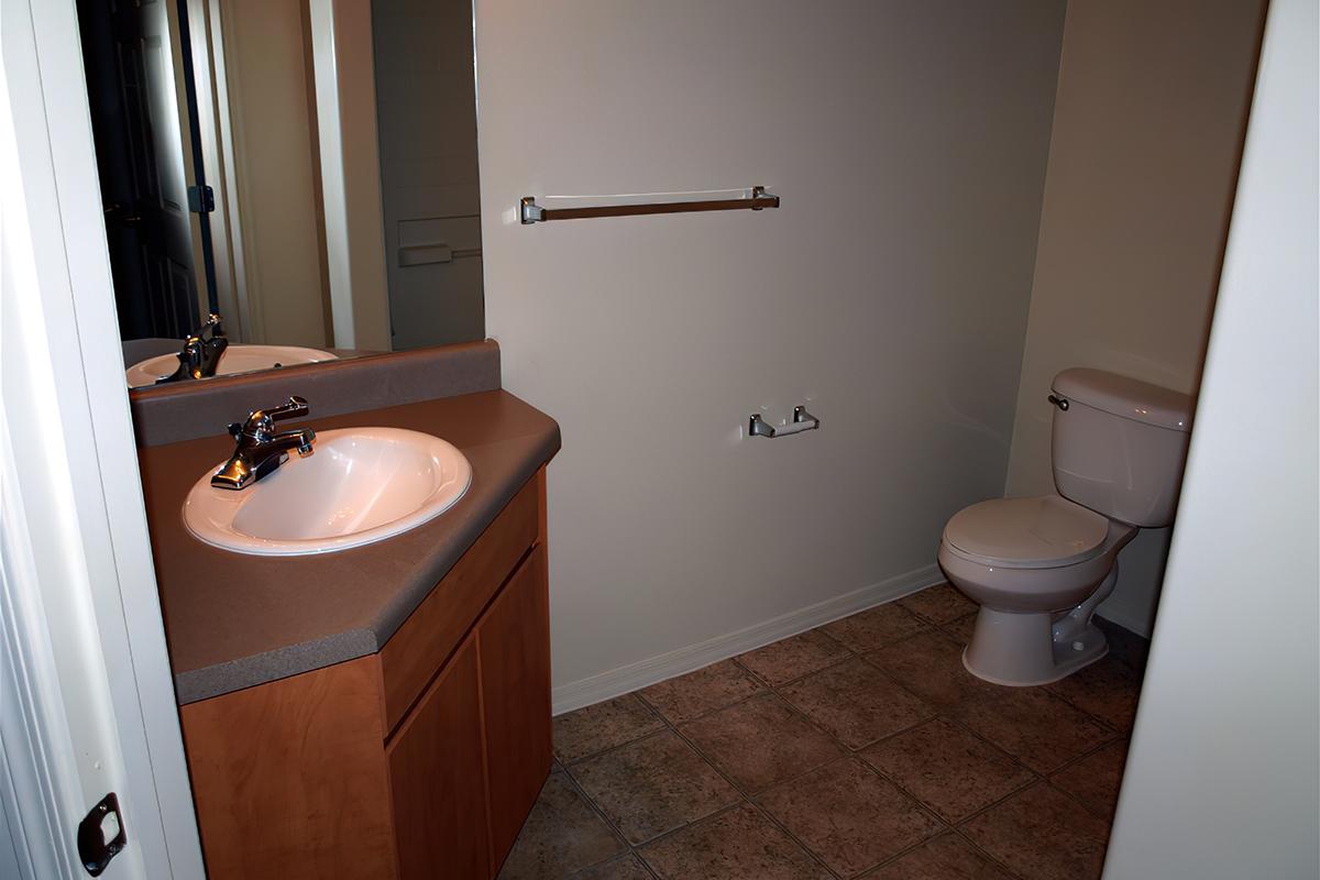 A simple bathroom featuring a countertop with a sink, a mirror, and wooden cabinetry. To the right, there is a toilet. The walls are painted a light color, and the flooring has beige tiles. A towel bar is mounted on the wall above the sink, and the overall space appears clean and modern.