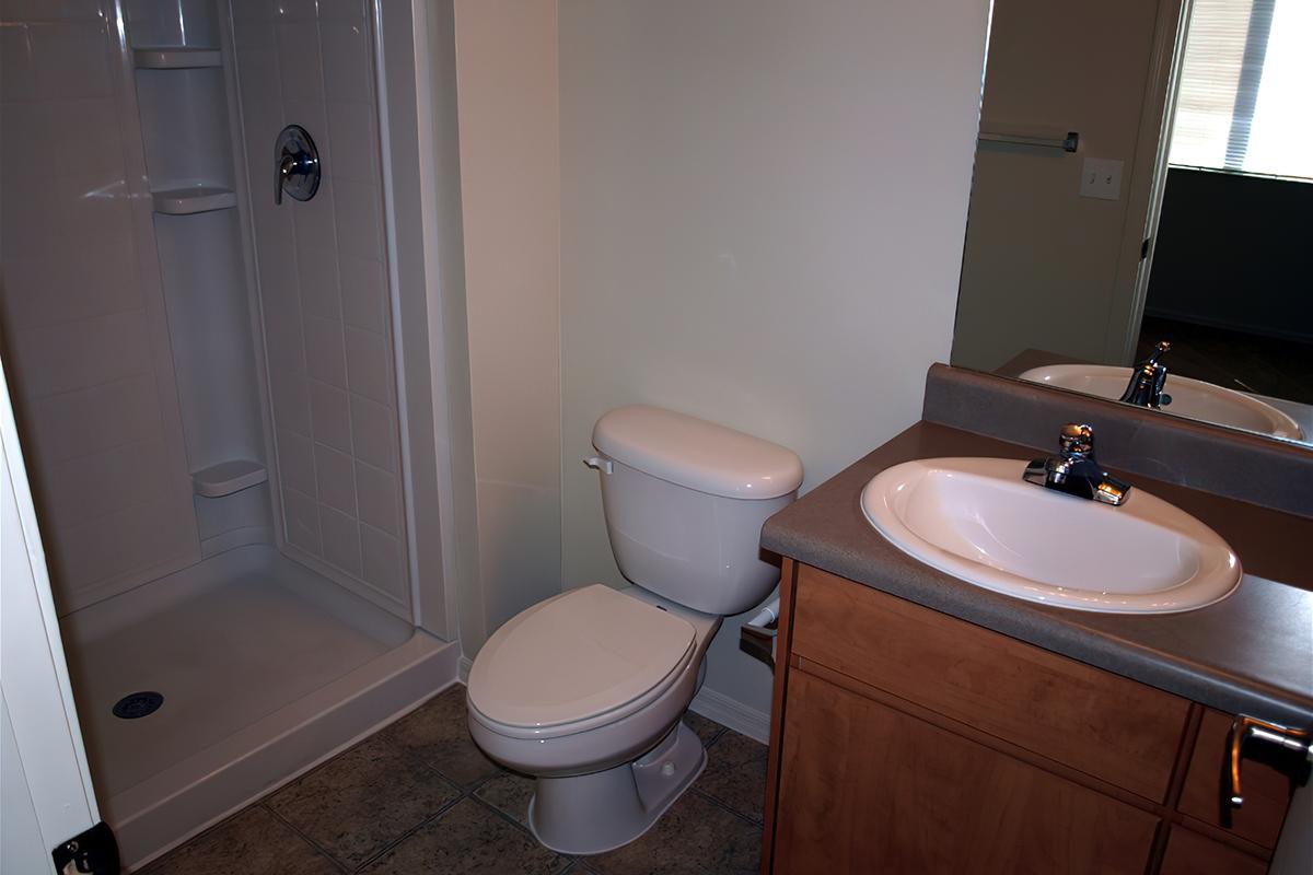 A clean bathroom featuring a shower stall, a toilet, and a sink with a faucet. The sink is situated on a brown vanity, and there is a mirror above it. The room has light-colored walls and tile flooring, with natural light coming through a nearby window.