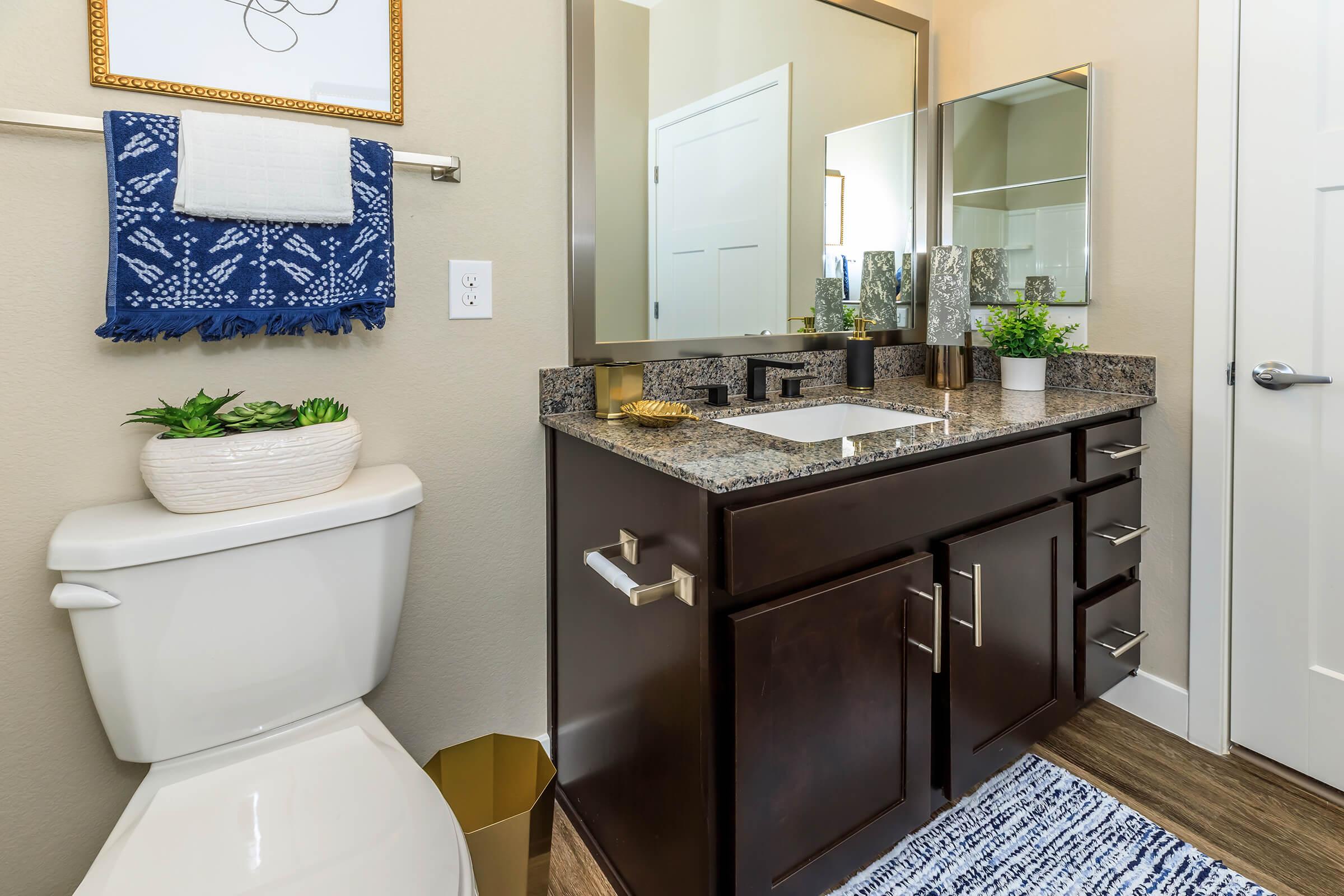 Bathroom with tan granite countertops
