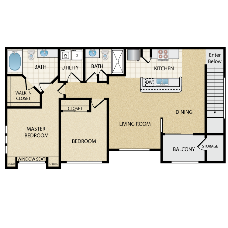 Floor plan image of Flamingo Upper: 2 Bed 2 Bath