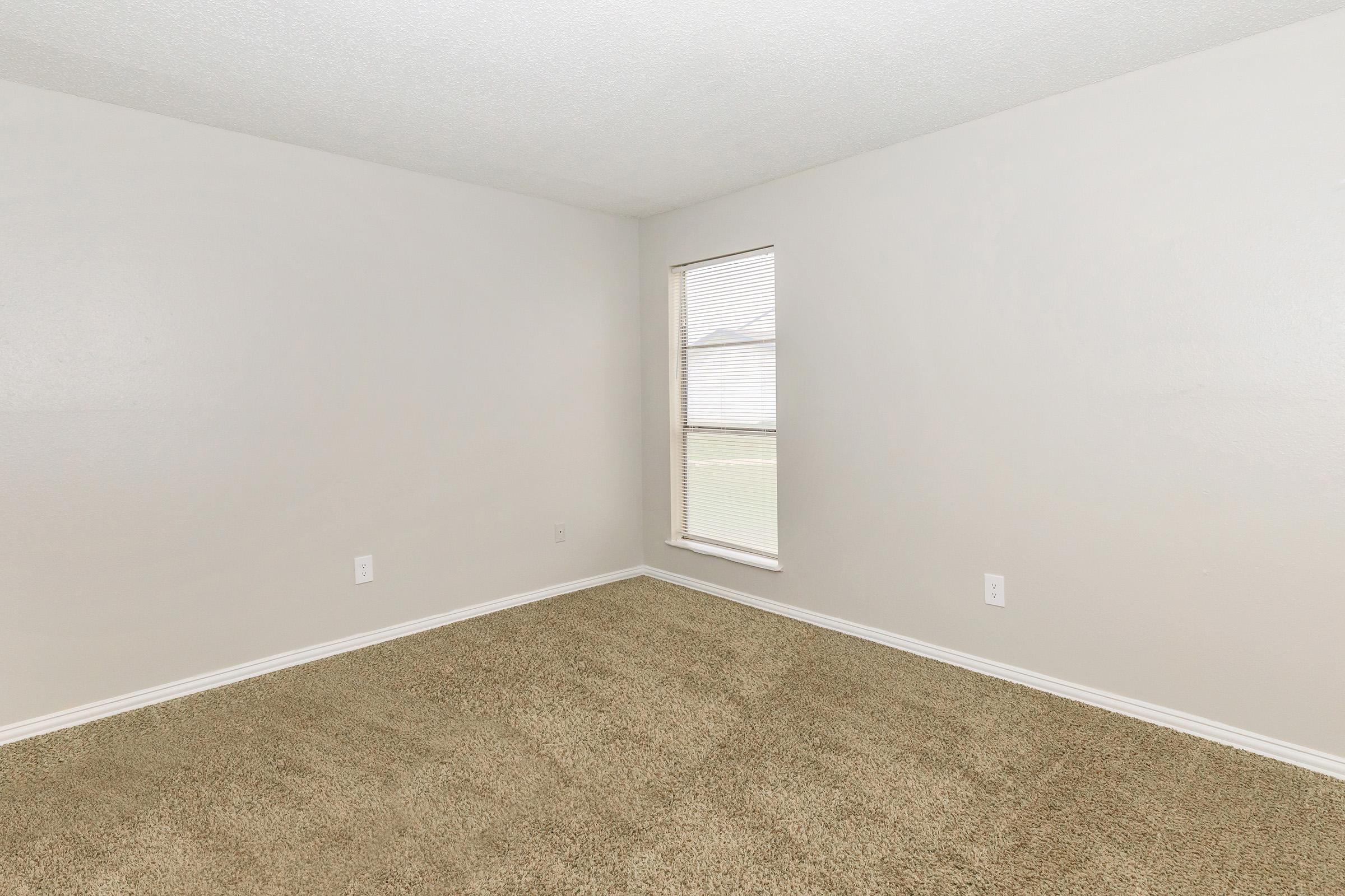 Empty room featuring light-colored walls and a carpeted floor. A single window allows natural light to illuminate the space. The room is spacious with no furniture or decorations, emphasizing its bare and neutral aesthetic.