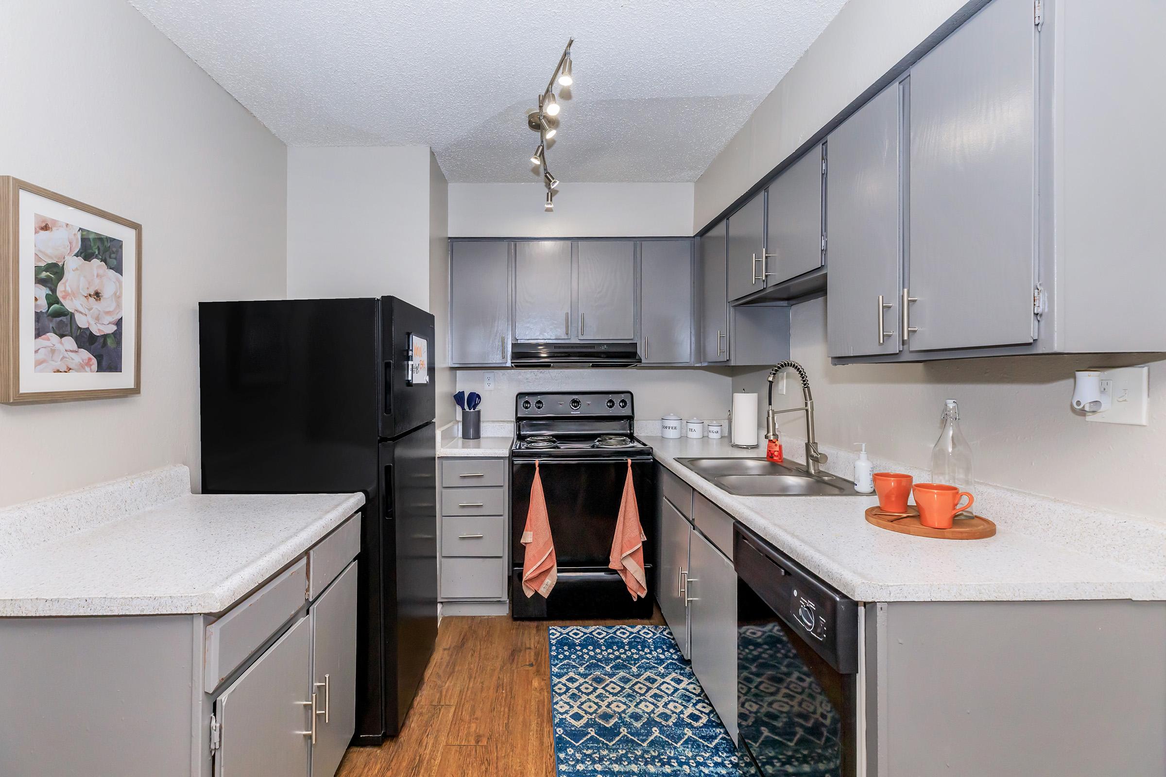 A modern kitchen featuring gray cabinets, a black refrigerator, and a sleek stove. The countertops are light-colored with a textured finish. A blue and white patterned rug lies on the floor, and there are orange dishes on the counter. The overhead lights provide ample illumination, creating a welcoming atmosphere.