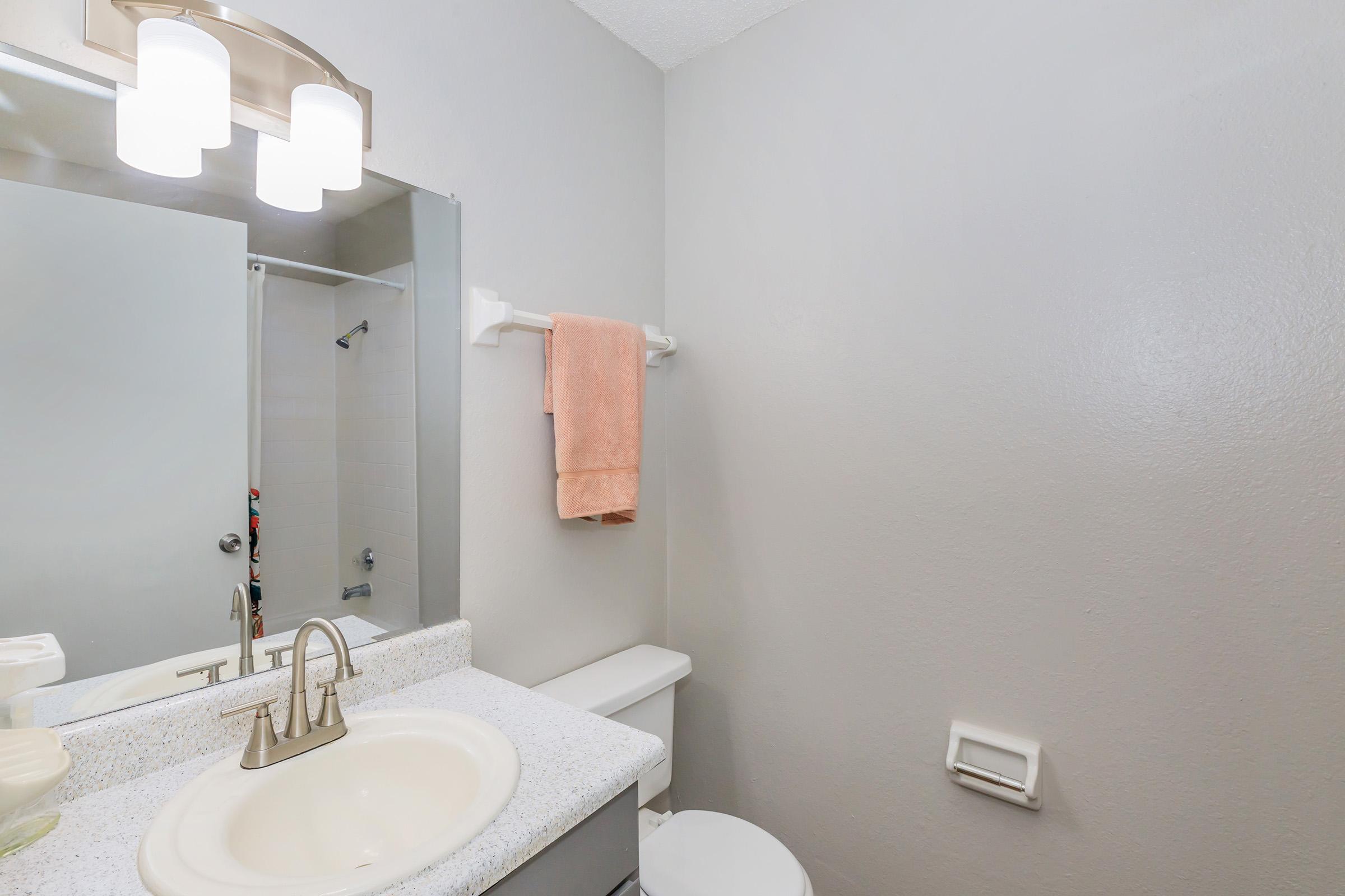 A clean bathroom featuring a countertop sink with a modern faucet, a mirror, a towel rack with a pink towel, a shower area with a clear glass door, and a toilet. The walls are painted light gray, and there are three round light fixtures above the mirror.