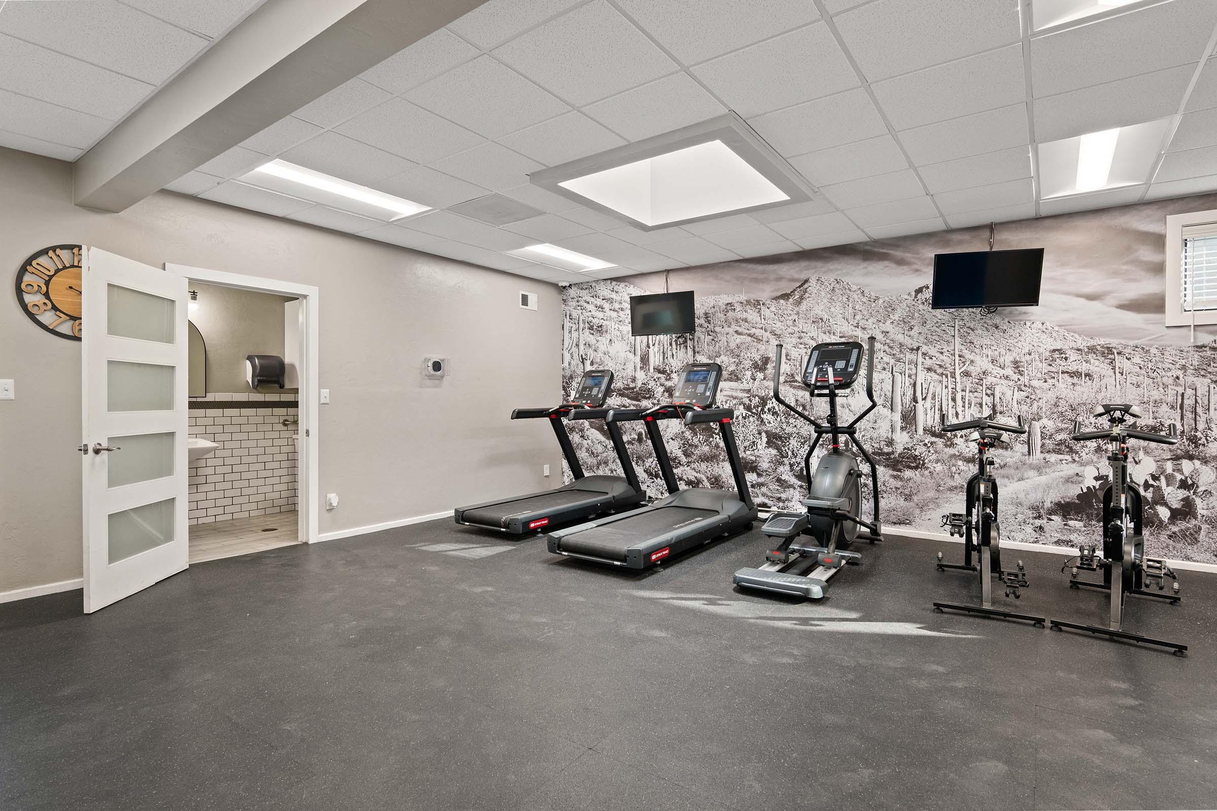 A modern gym space featuring two treadmills, a stationary bike, and an elliptical machine. The room has a dark floor and a large wall mural depicting a mountain landscape, with two wall-mounted televisions. There's a door leading to a restroom in the background.
