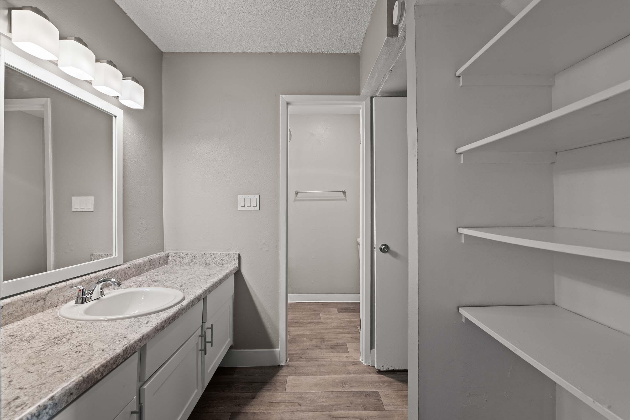 A modern bathroom featuring a granite countertop sink with a large mirror above. The walls are painted gray, and there is a door leading to another room. To the right, there are white shelves mounted on the wall, and the flooring is made of light-colored wood, enhancing the contemporary look of the space.