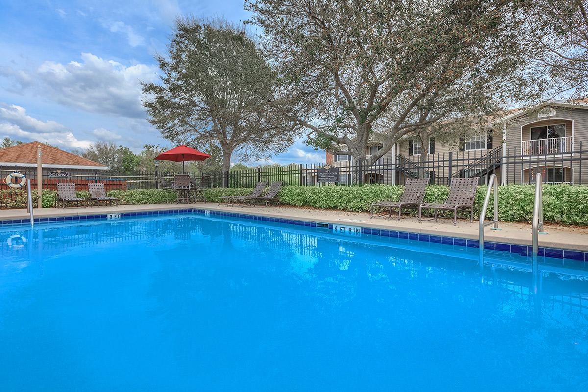 Shimmering swimming pool at Lakeland Landing in Lakeland, Florida.