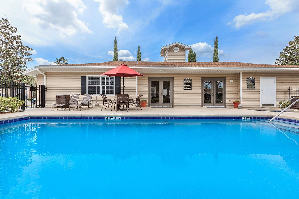 Shimmering swimming pool at Lakeland Landing in Lakeland, Florida.
