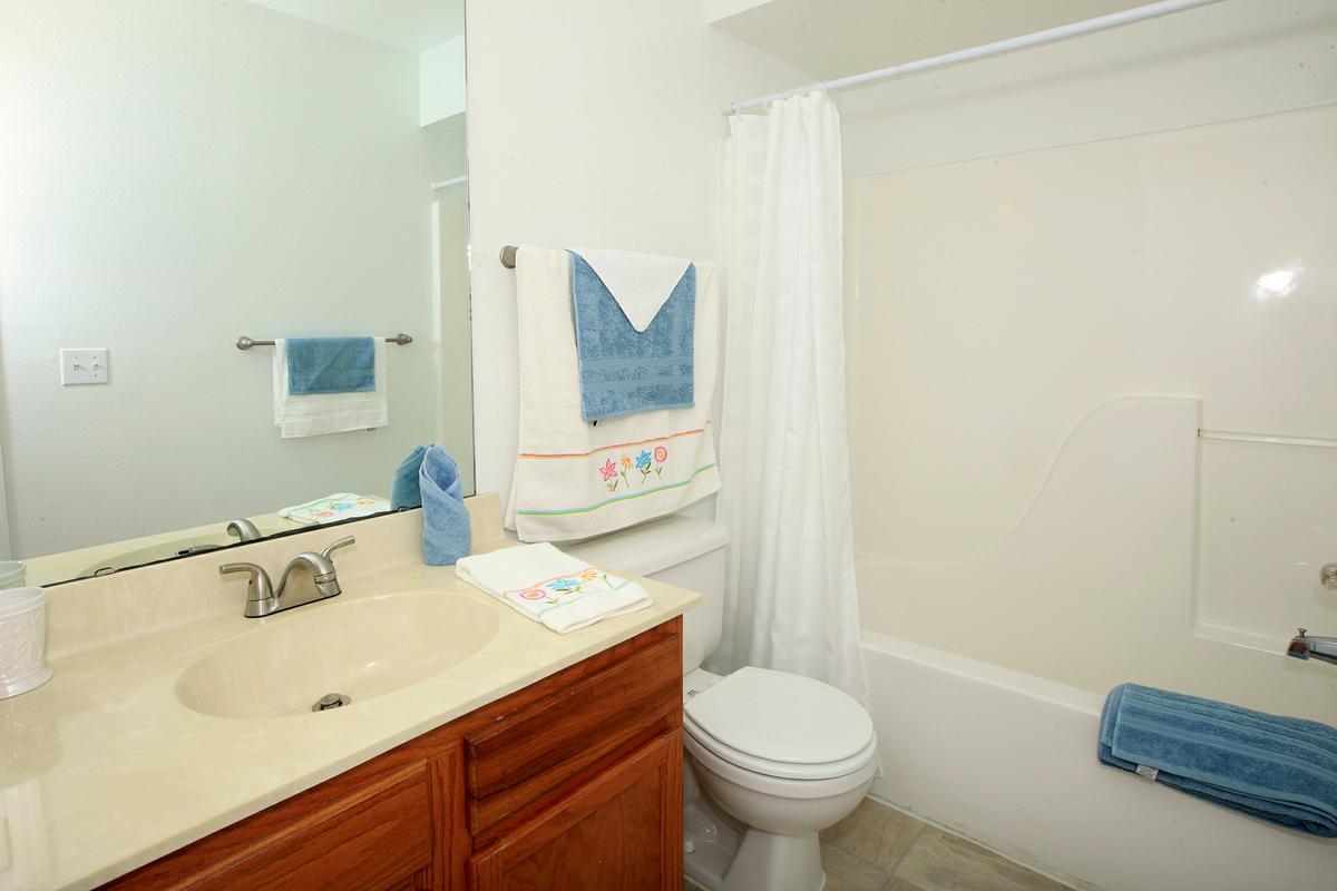 Modern bathrooms at Lakeland Landing in Lakeland, Florida.