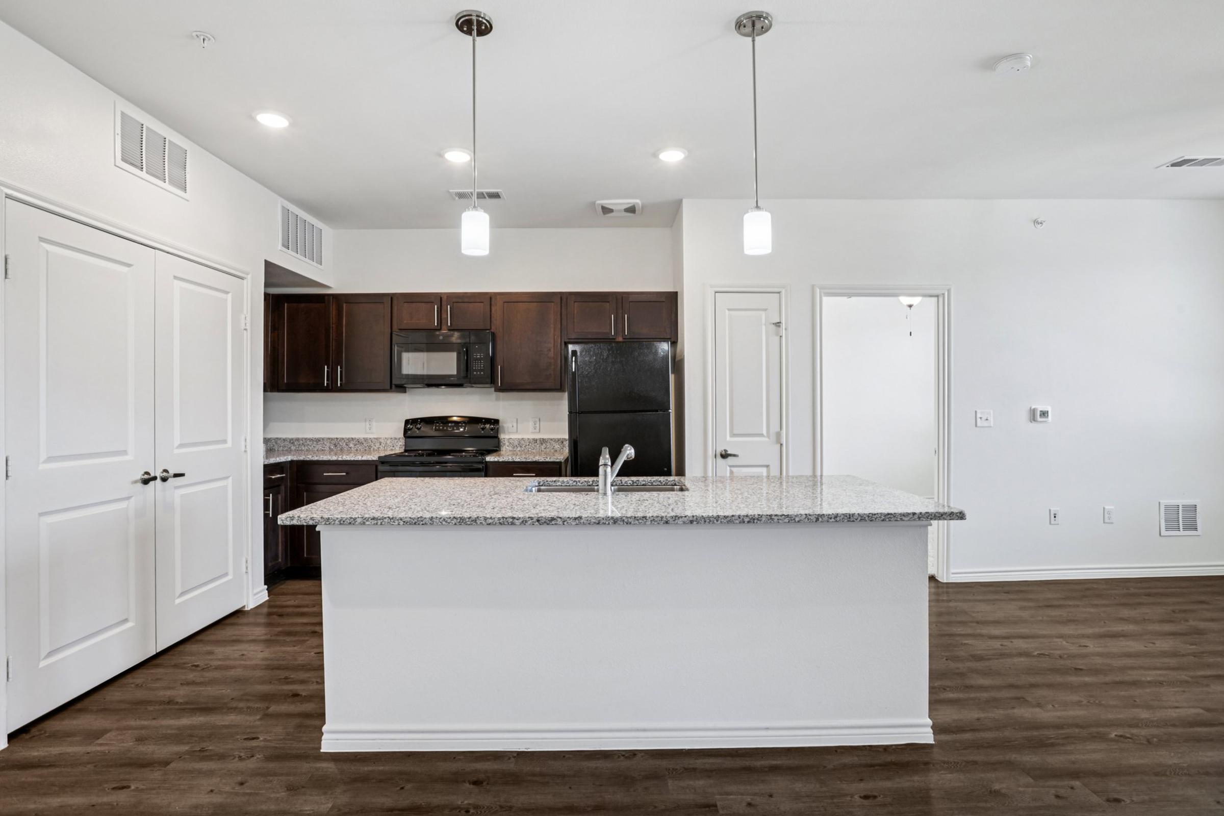 Modern kitchen featuring dark wooden cabinetry, black appliances, and a large granite island with a sink. Pendant lights hang above the island, illuminating the space. The room has light-colored walls and a wood-style floor, creating a bright and contemporary atmosphere.