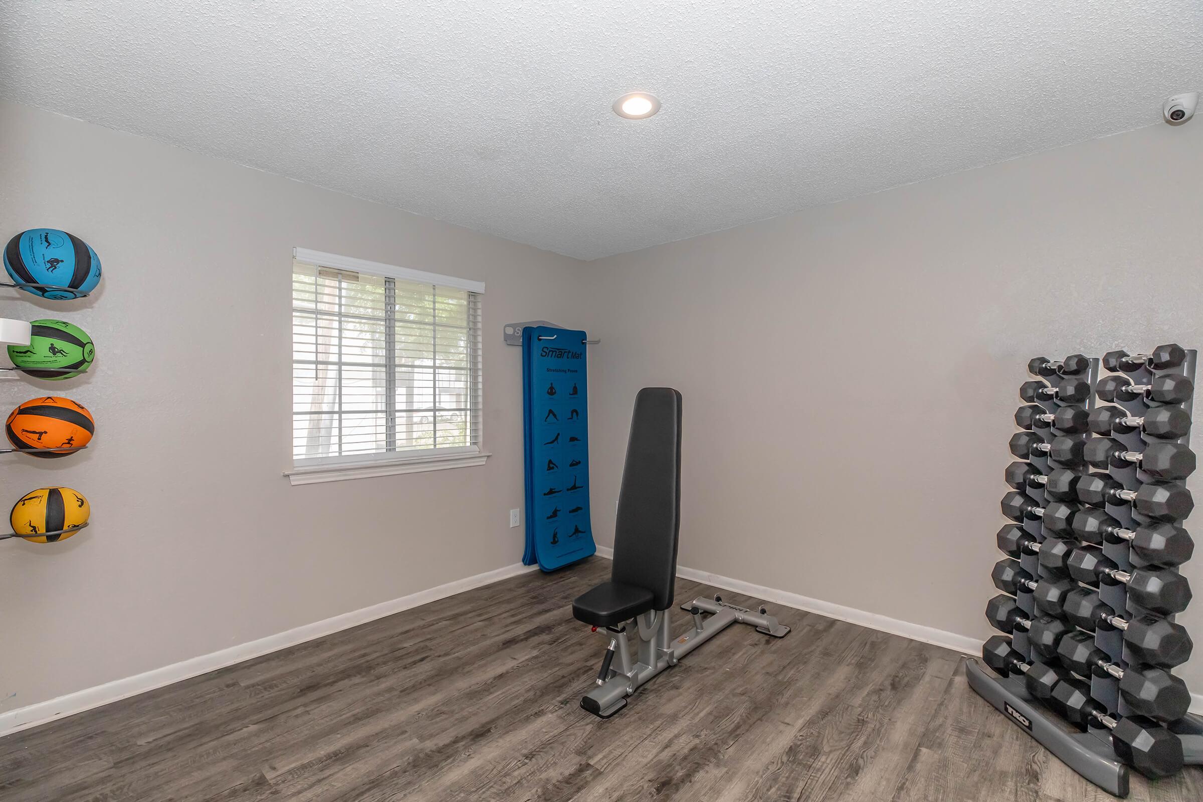 A well-lit home gym featuring a weight bench, a set of dumbbells on a rack, and fitness equipment against a neutral-colored wall. Wall-mounted fitness balls are displayed to the left, and a tall blue exercise poster is visible in the background. Natural light enters through a window.