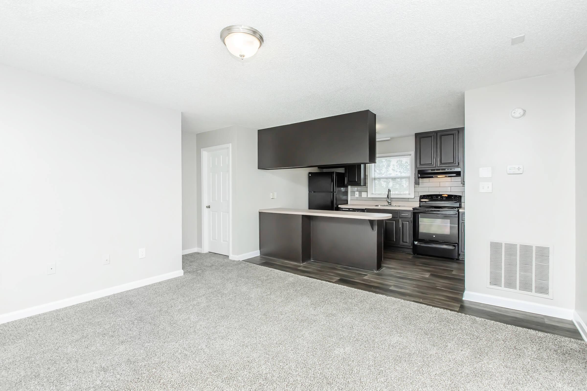 A modern, open-concept living area featuring a carpeted floor. The kitchen has dark cabinetry, a black refrigerator, and a stove. Natural light enters the space through a window, creating a bright atmosphere. Walls are painted in a light color, and there is a door leading to another room.