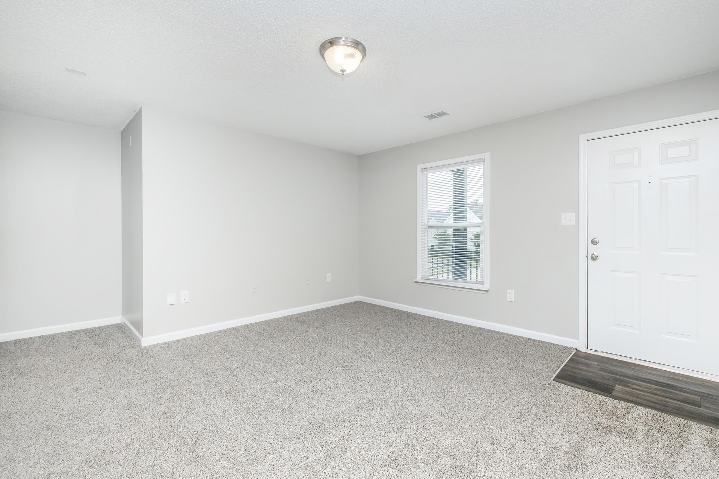 A spacious empty room with light gray walls and carpet. There is a window letting in natural light and a front door on the right side. The ceiling has a light fixture, and the room is clean and uncluttered, making it suitable for various interior design options.