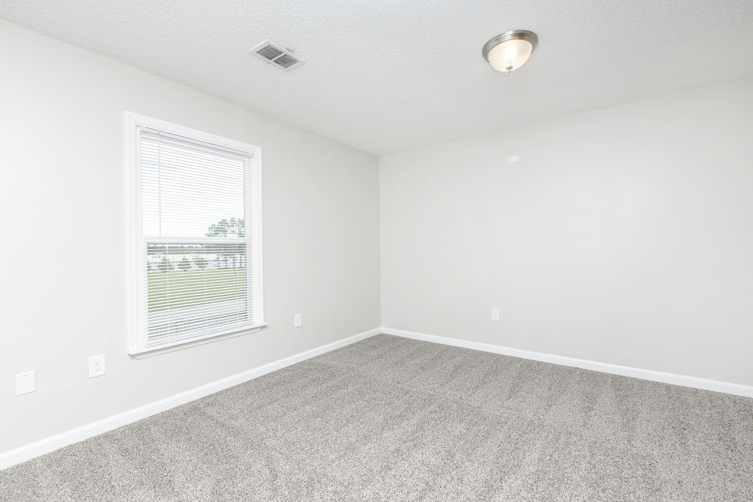 A clean, empty room featuring light gray walls and new carpet. A single window with white blinds allows natural light, while a ceiling light fixture provides illumination. The flooring is plush carpet, and there are no furnishings or decorations in the space, offering a blank canvas for potential use.