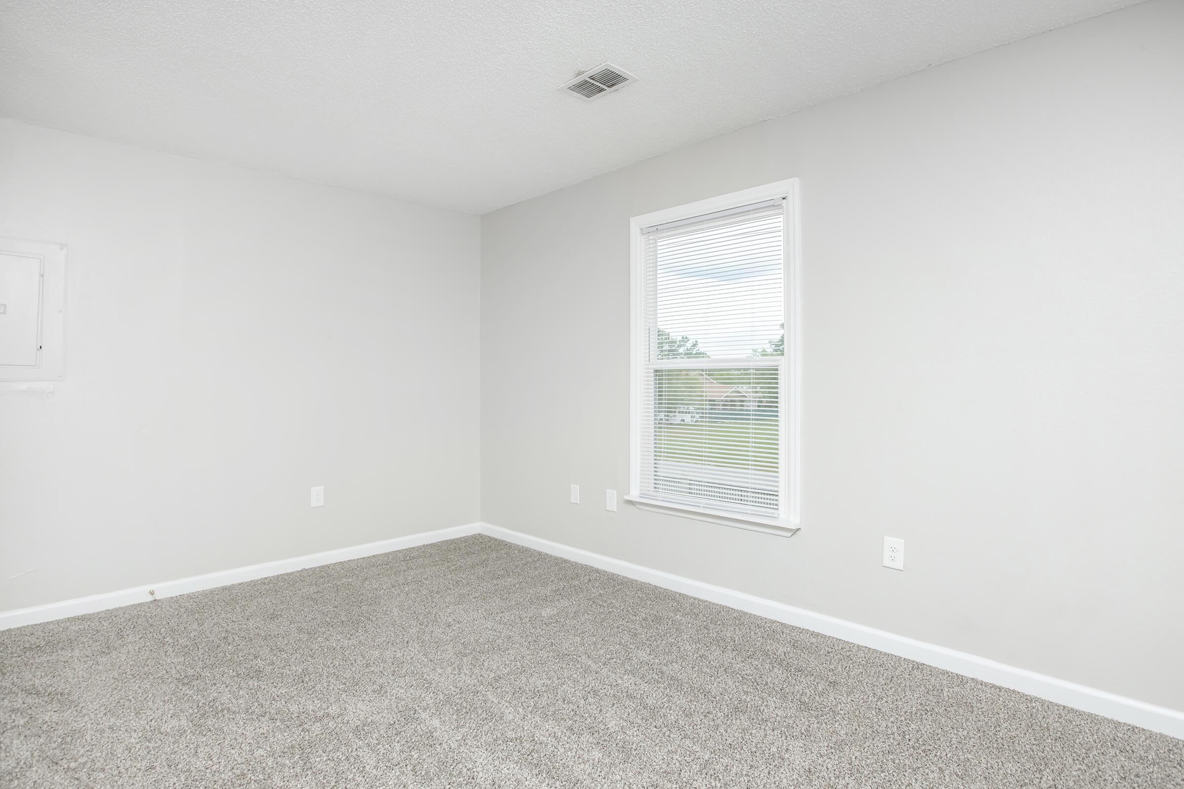 A vacant, unfurnished room with light gray walls and carpeted flooring. It features a single window with blinds, allowing natural light to enter. The room has a simple, minimalist design, with no furniture or decoration, creating an open and airy feel.