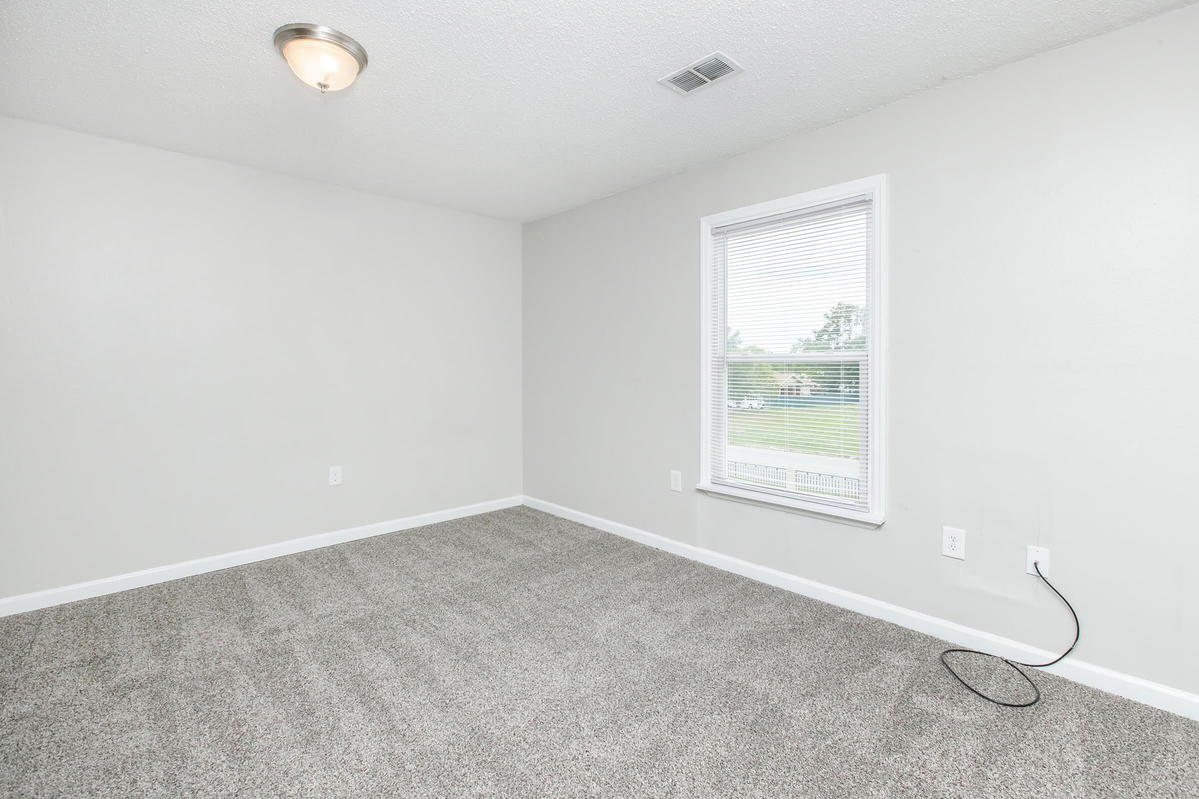 Empty room with light gray walls and a textured carpet floor. A single window allows natural light to enter, and there is a ceiling light fixture. The room is sparsely furnished, creating an open and spacious feel. A loose cable runs along the floor near the wall.