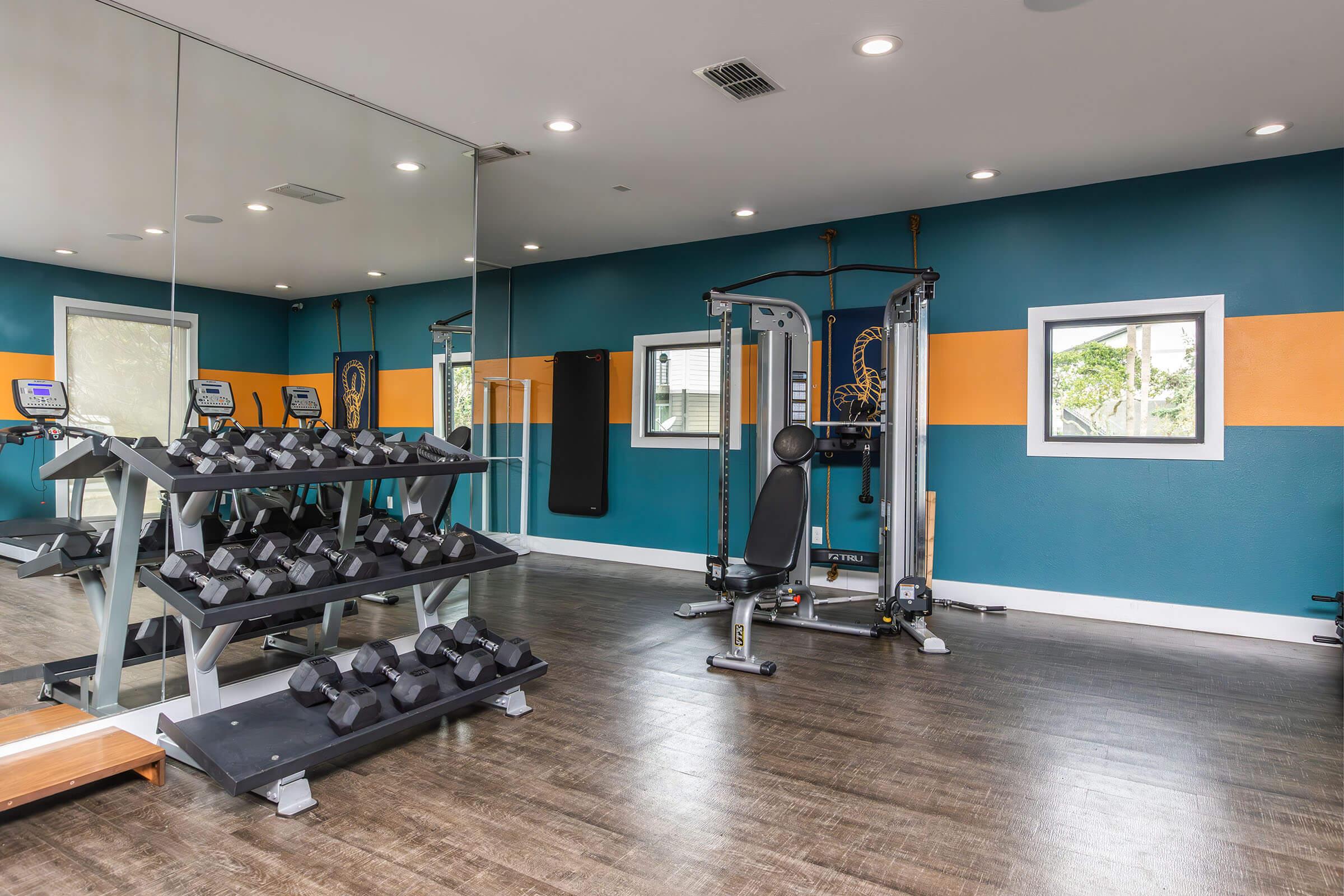 A small modern gym featuring a row of dumbbells on a rack, a multi-station weight machine, and cardio equipment. The walls are painted in a combination of blue and orange, and there are large mirrors reflecting the equipment and natural light coming from windows.