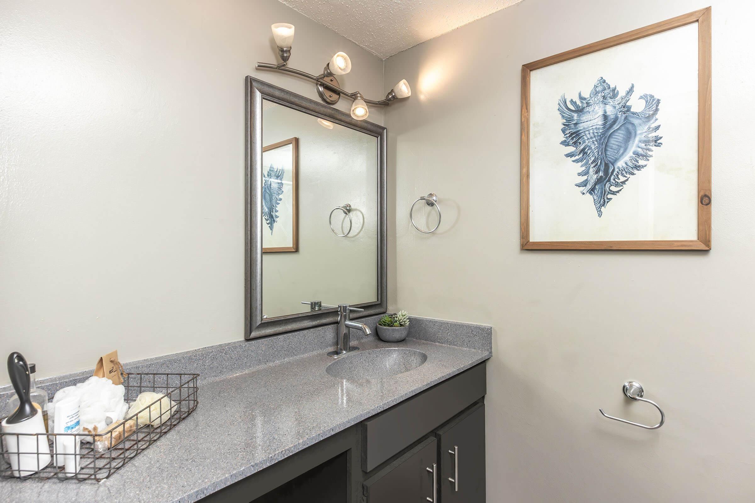 A modern bathroom featuring a gray countertop with a sink, a large mirror, and a framed blue seashell artwork on the wall. A wire basket with toiletries is placed on the counter, and a towel rack is visible beside the sink. The walls are painted in a neutral tone, creating a clean and simple aesthetic.