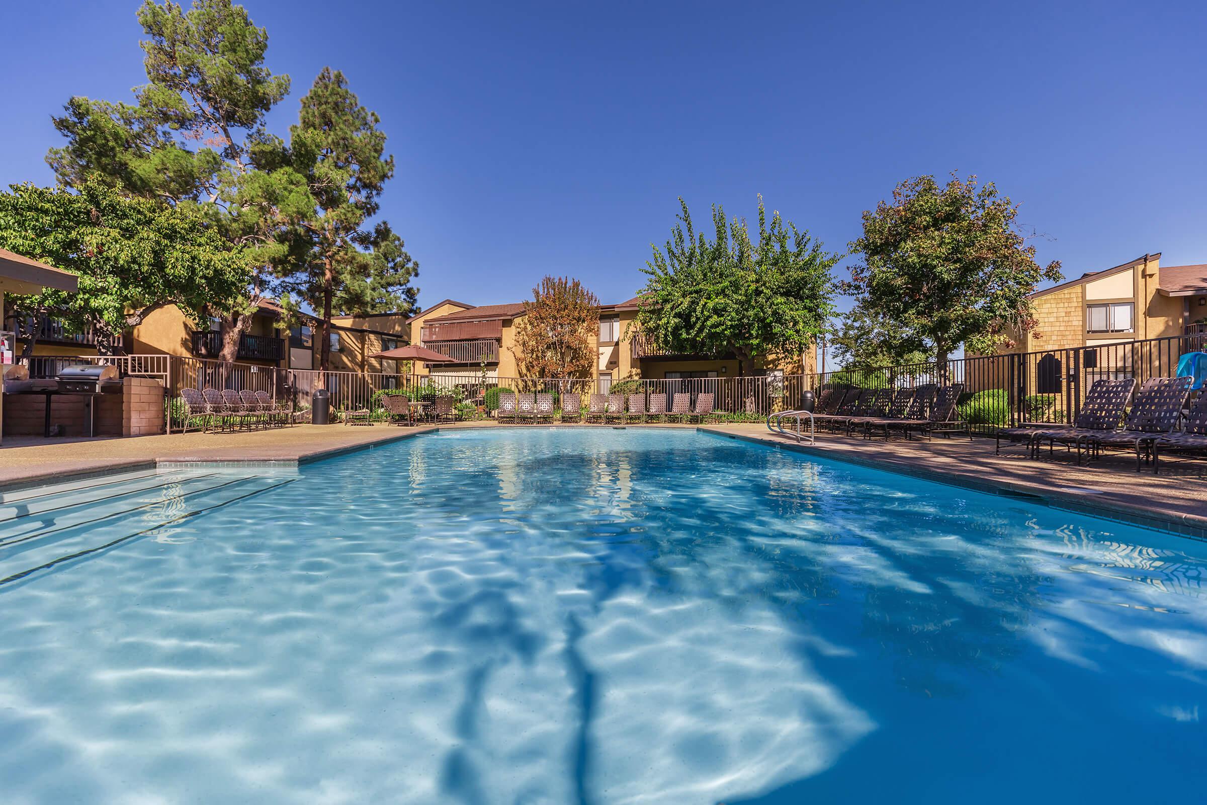 The community pool with green trees