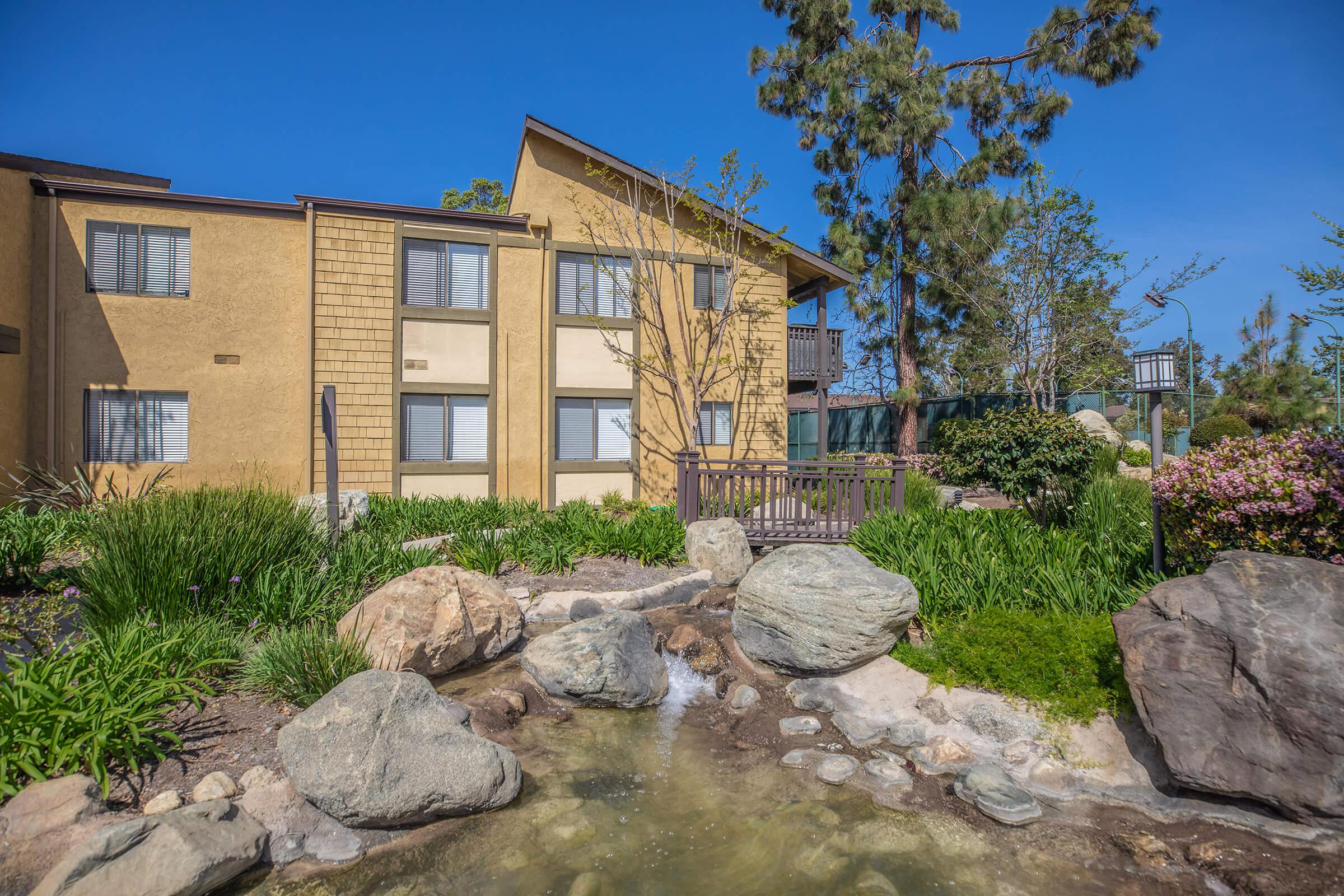 Water feature next to a community building