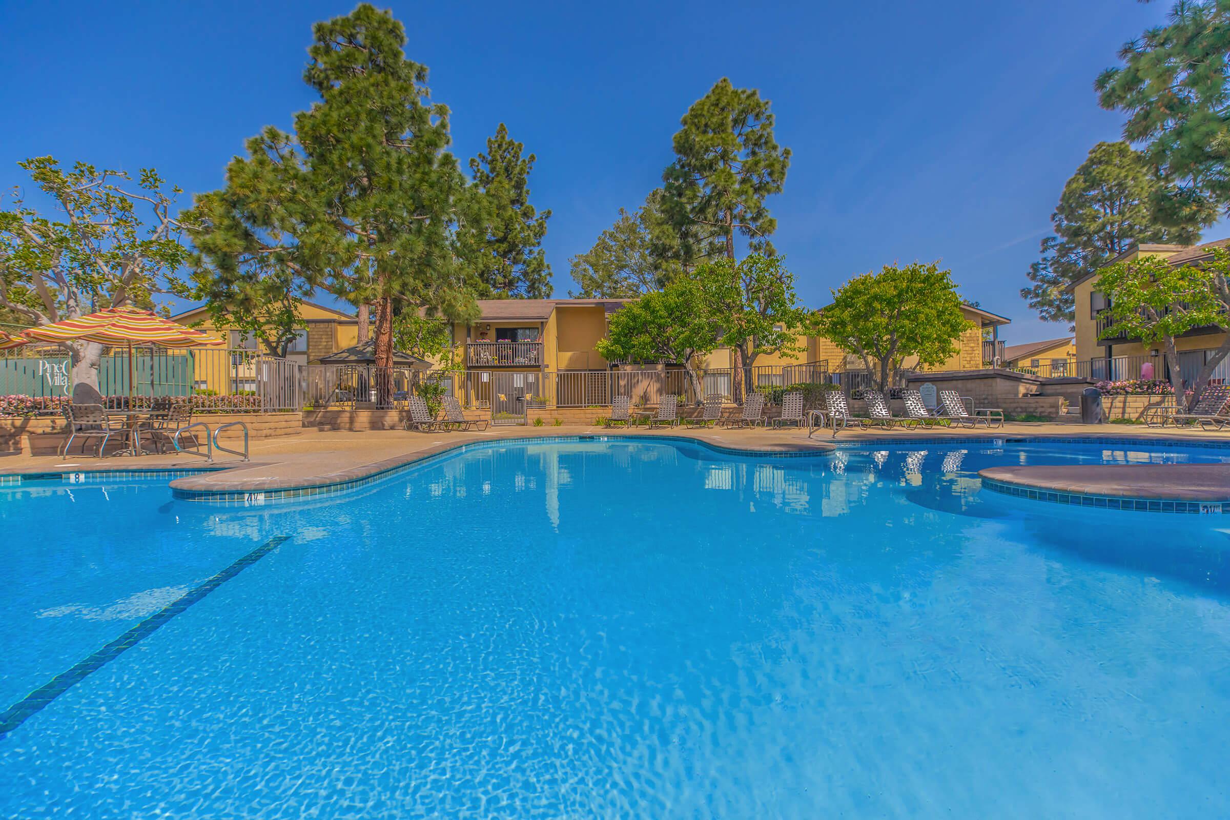 The community pool with a yellow umbrella