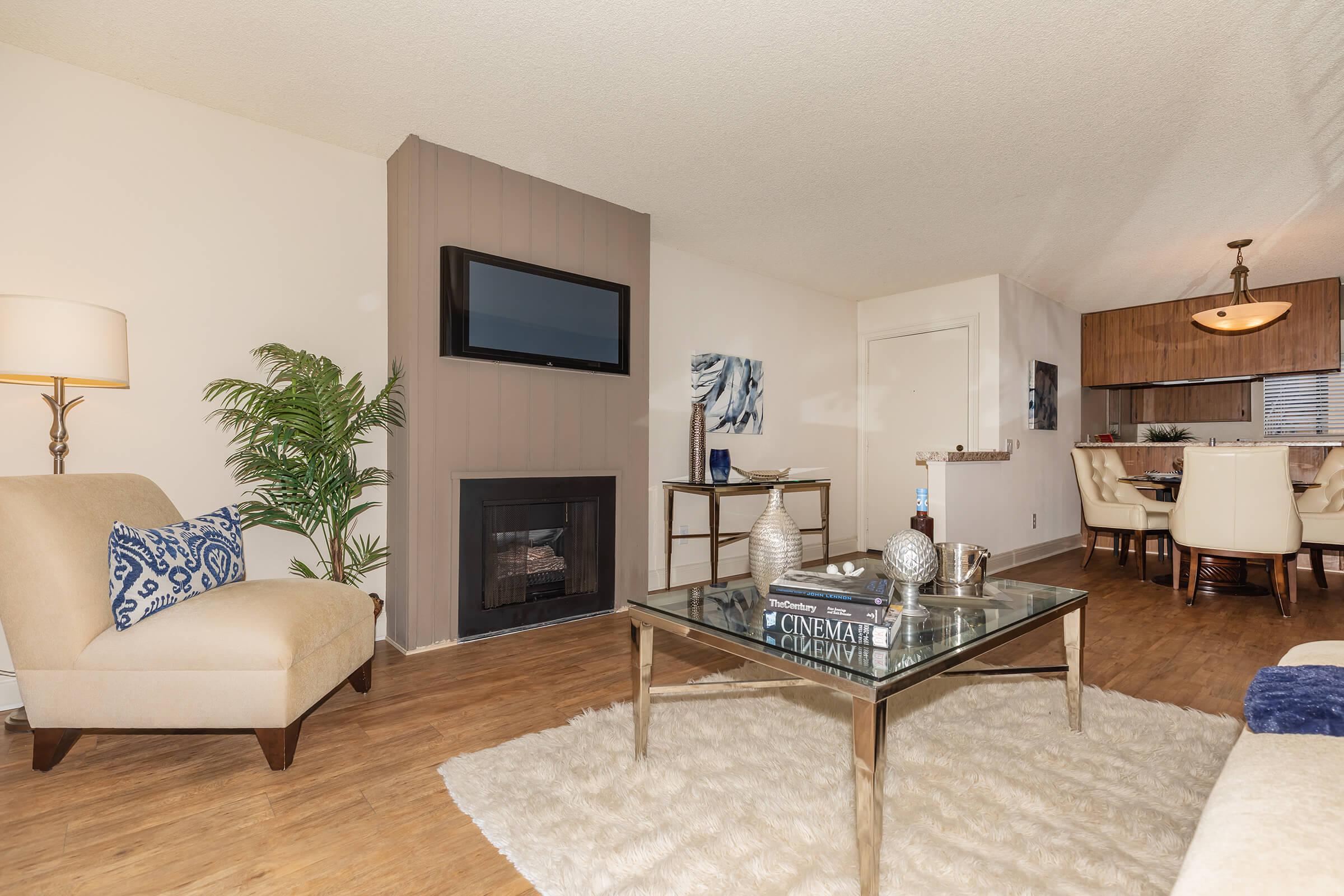 Living room with a TV and fireplace