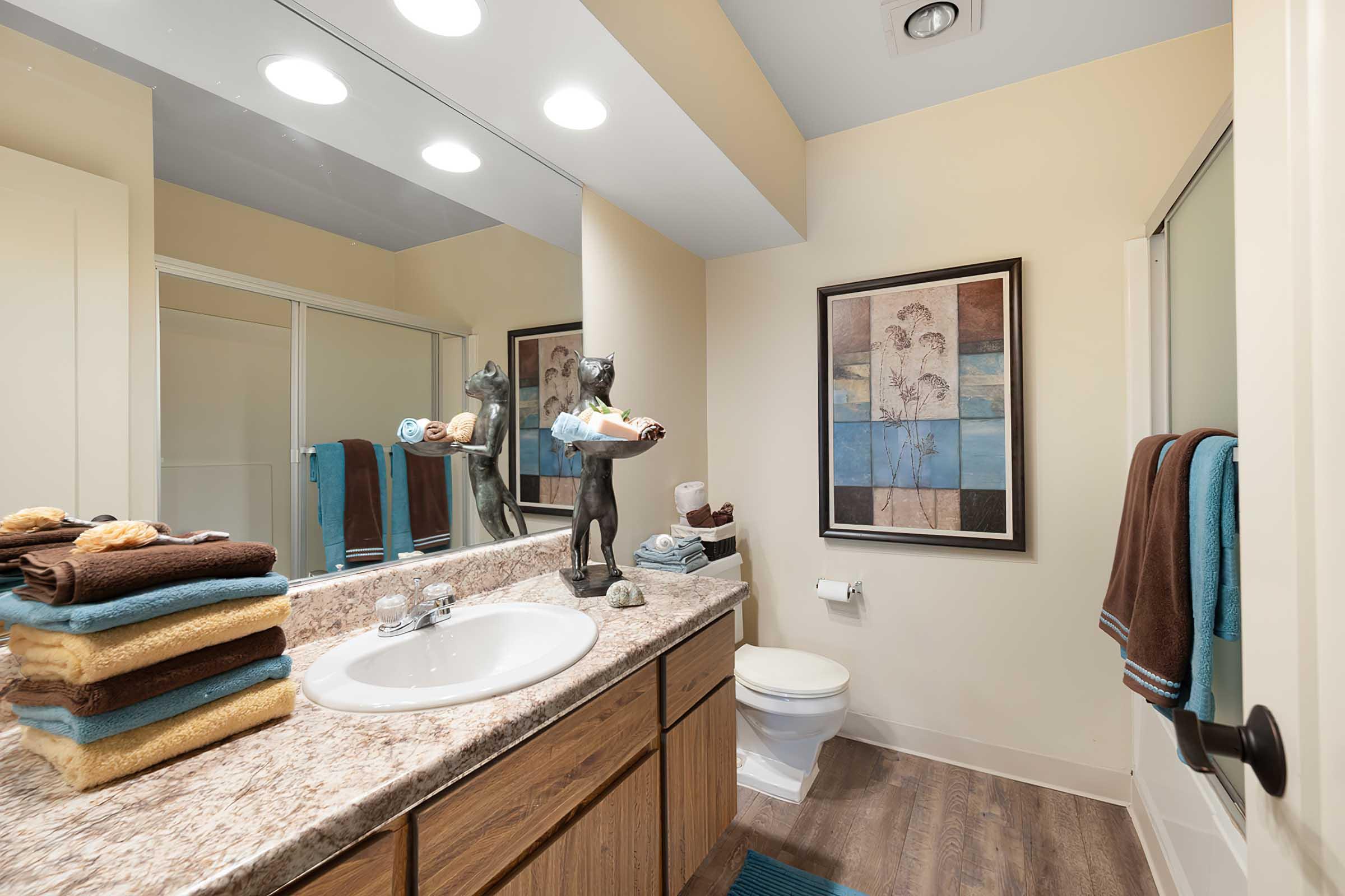 A modern bathroom featuring a double sink vanity with a granite countertop, neatly arranged colorful towels stacked beside it. A decorative statue holding rolled towels stands in front of a framed artwork on the wall. The floor is wooden, and a toilet is visible next to a glass shower enclosure.