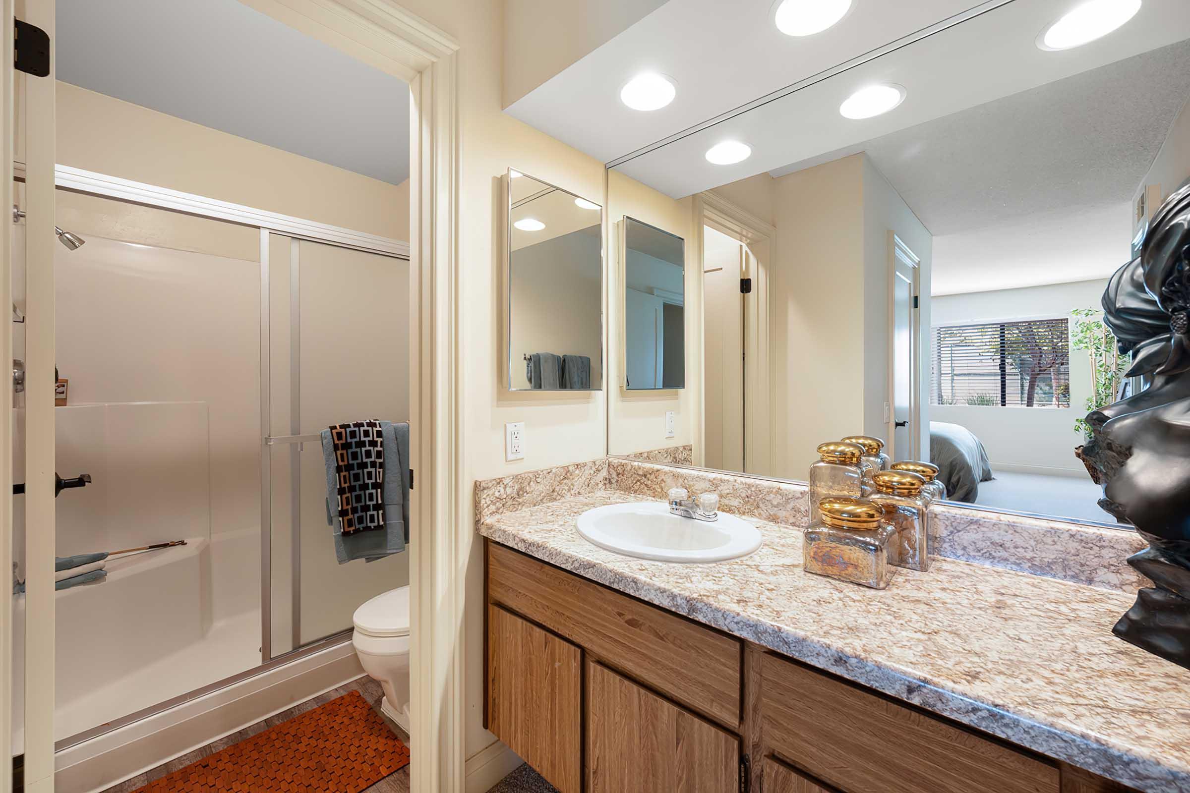 A bathroom featuring a vanity with a sink and granite countertop, a shower area with a glass door, and a toilet. The space is well-lit by recessed lighting, and there are decorative jars on the counter. A glimpse of a bedroom is visible through the doorway, adding a cozy feel to the room.