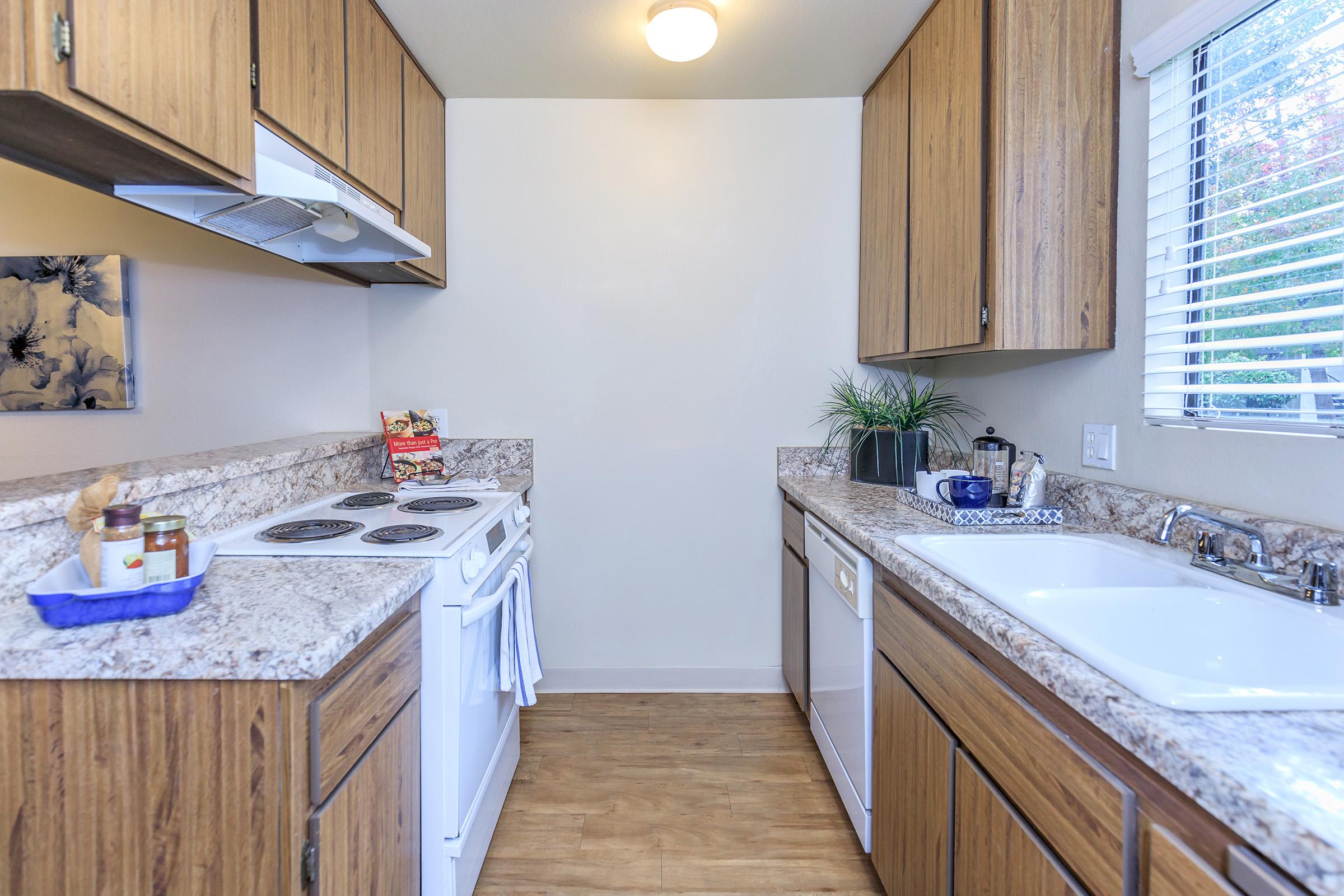 A tidy kitchen featuring wooden cabinets, a white stove, and a dishwasher. The countertop has a granite-like finish with a small blue dish holding spices. Nearby, there are kitchen utensils and a plant on the counter. A window allows natural light to brighten the space.
